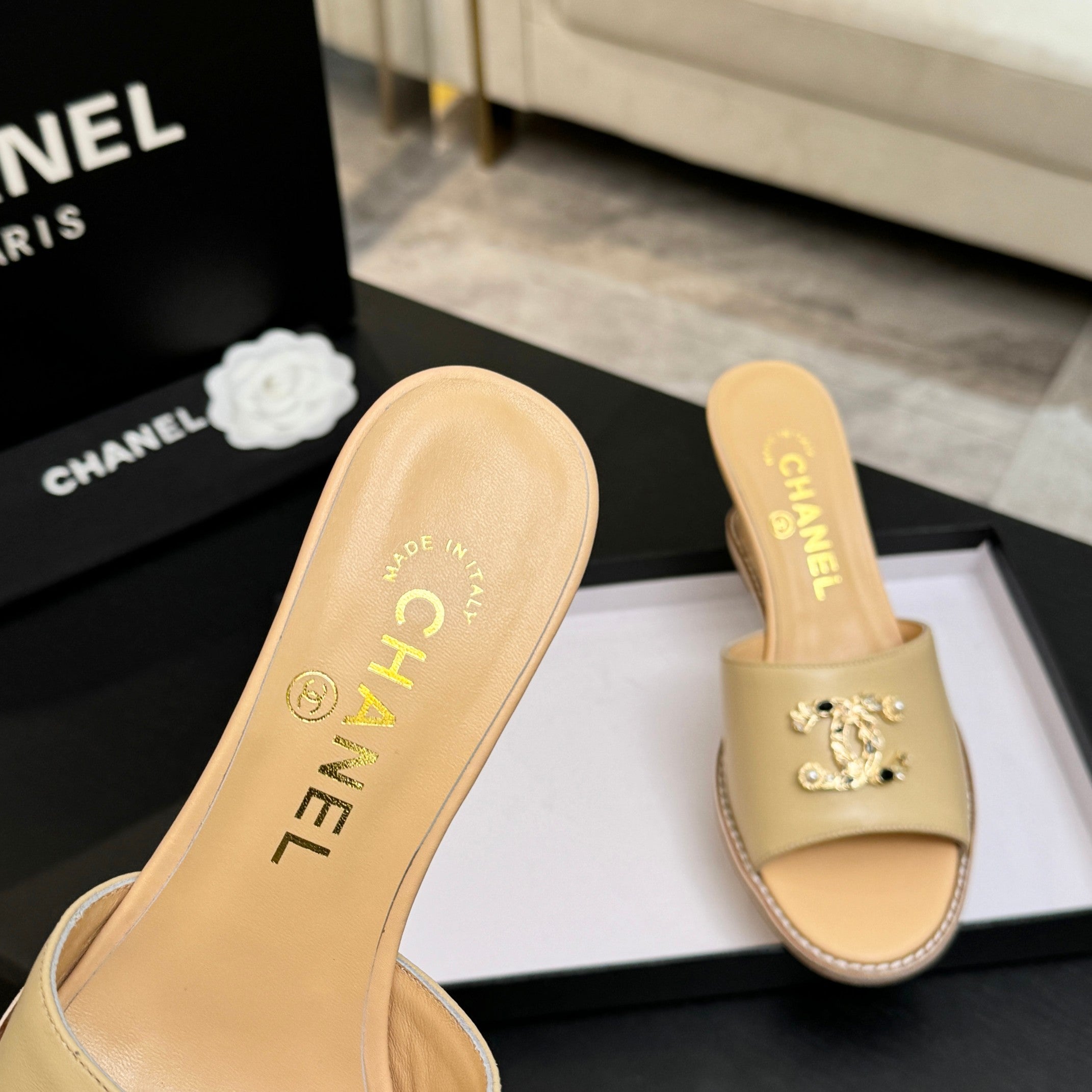 CC 26C Wedge Sandals Beige Lambskin 672974