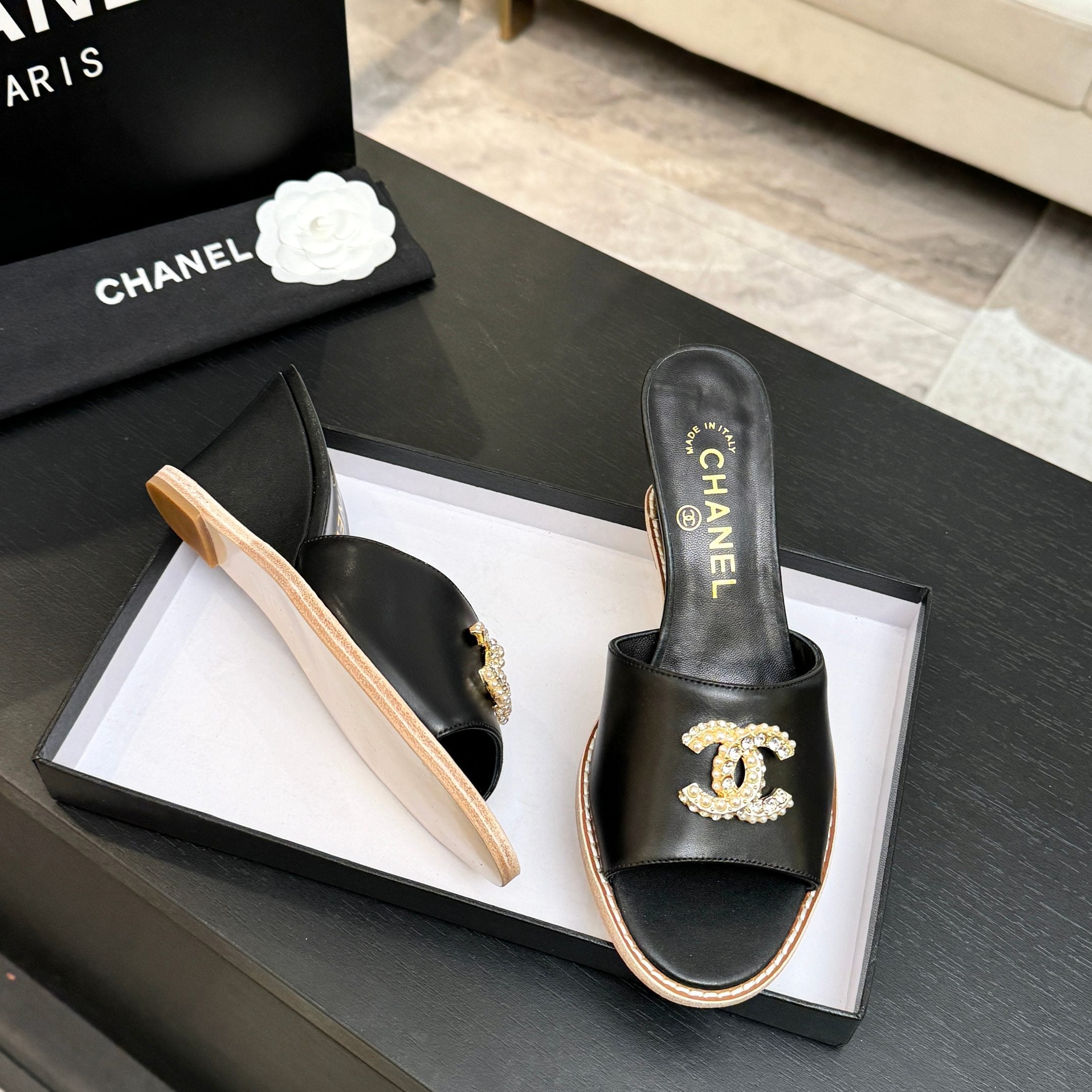 CC 26C Wedge Sandals Black Gold Lambskin 672975