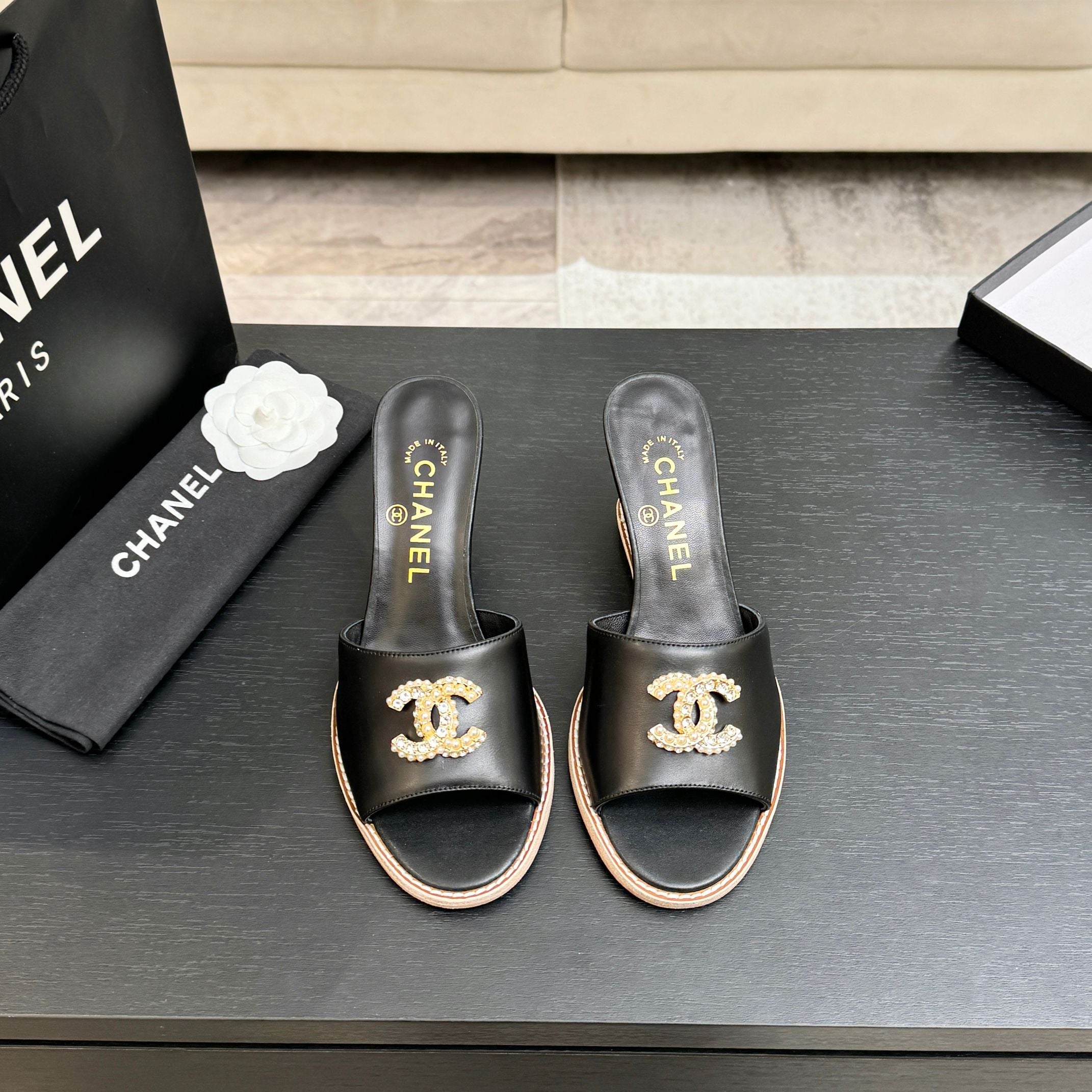 CC 26C Wedge Sandals Black Gold Lambskin 672975
