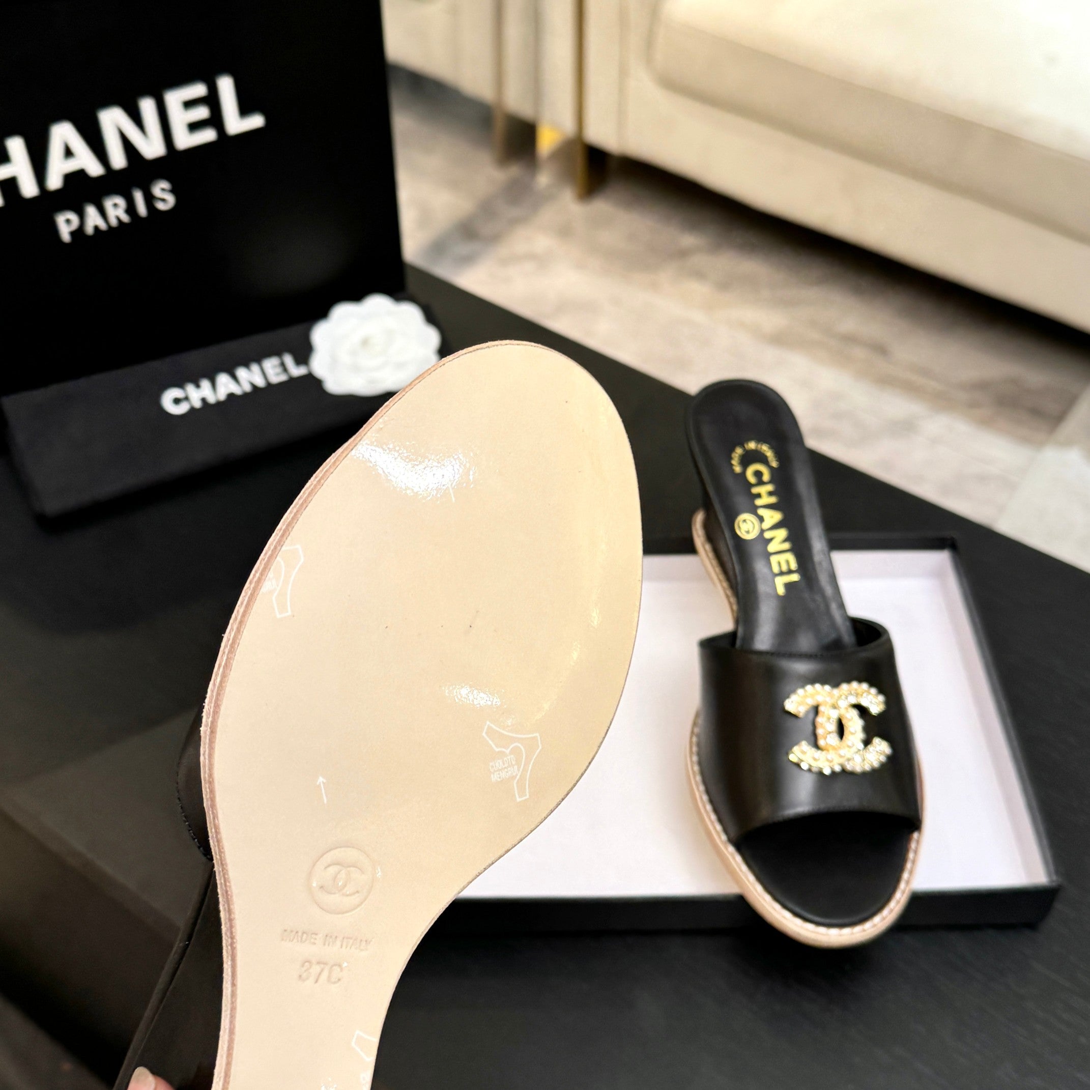 CC 26C Wedge Sandals Black Gold Lambskin 672975