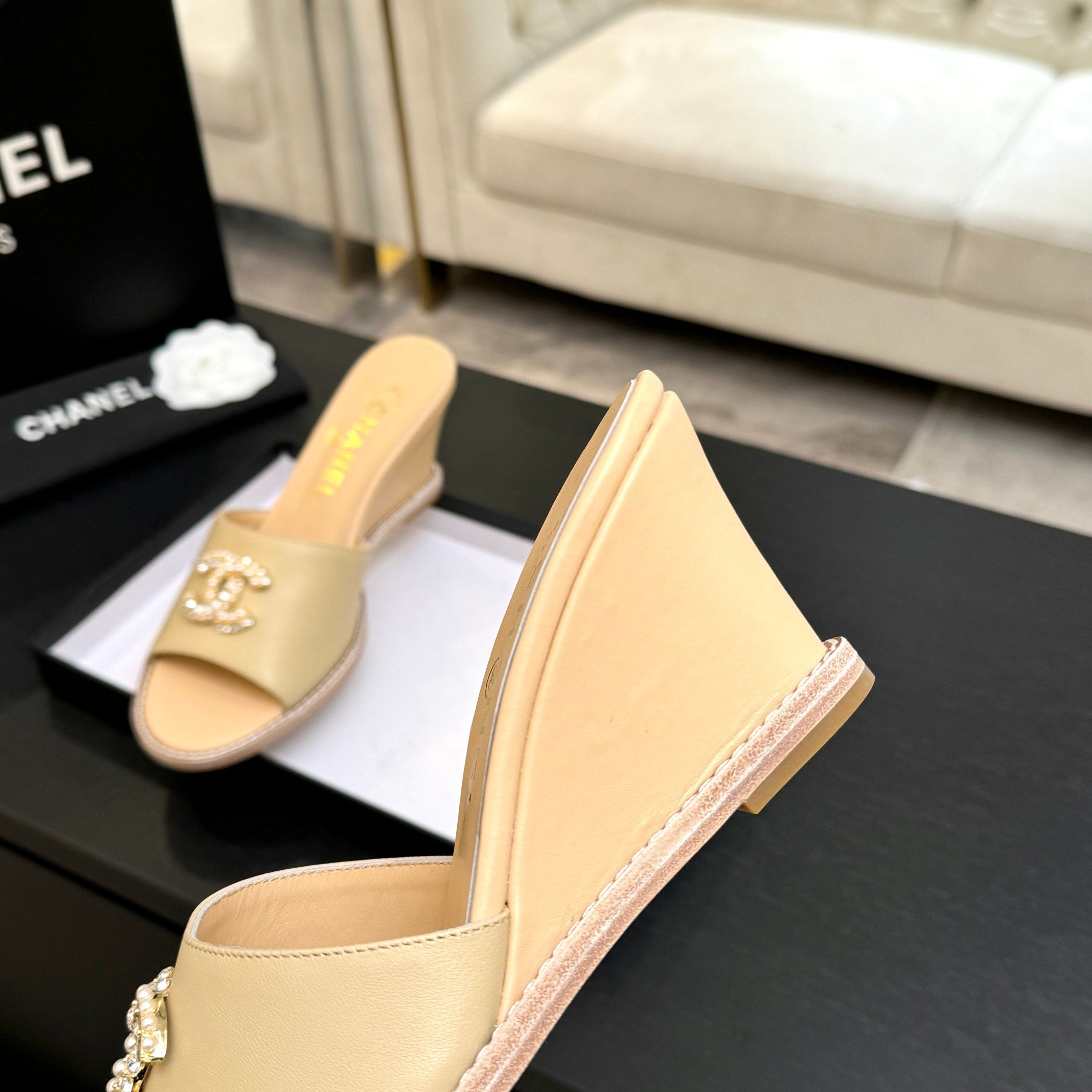 CC 26C Wedge Sandals Beige Lambskin 672983