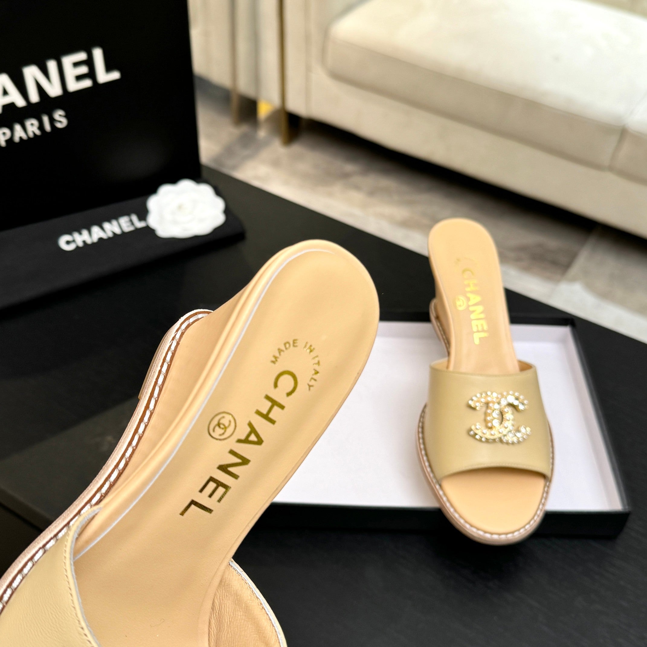 CC 26C Wedge Sandals Beige Lambskin 672983