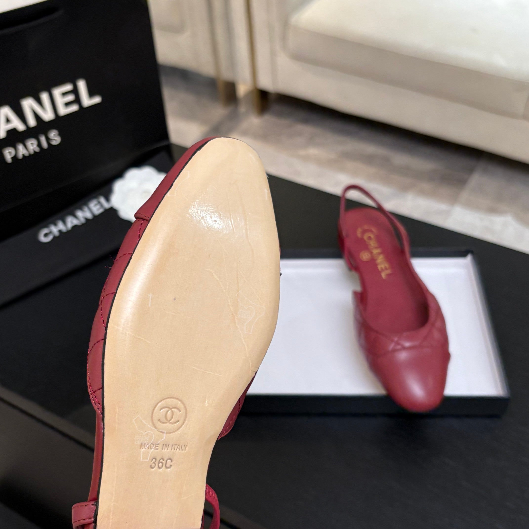 CC 26s Block Heel Slingback 1.5cm Burgundy Quilted Lambskin 957981