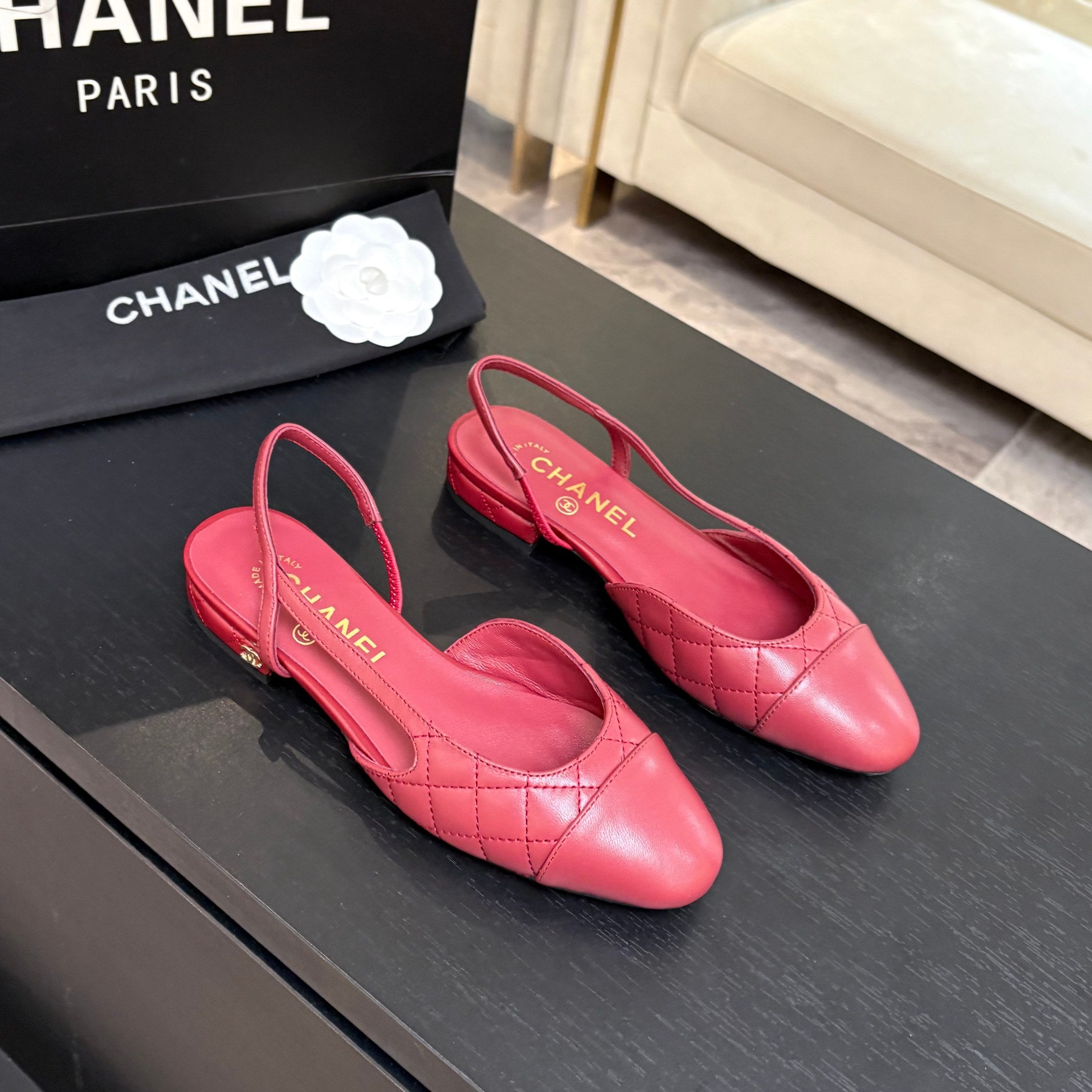CC 26s Block Heel Slingback 1.5cm Burgundy Quilted Lambskin 957981