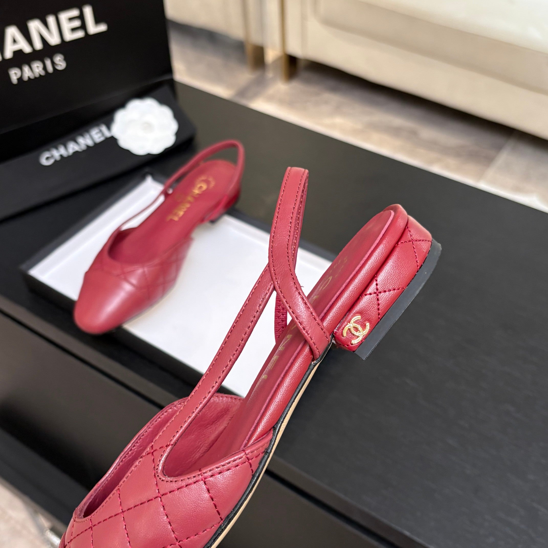 CC 26s Block Heel Slingback 1.5cm Burgundy Quilted Lambskin 957981