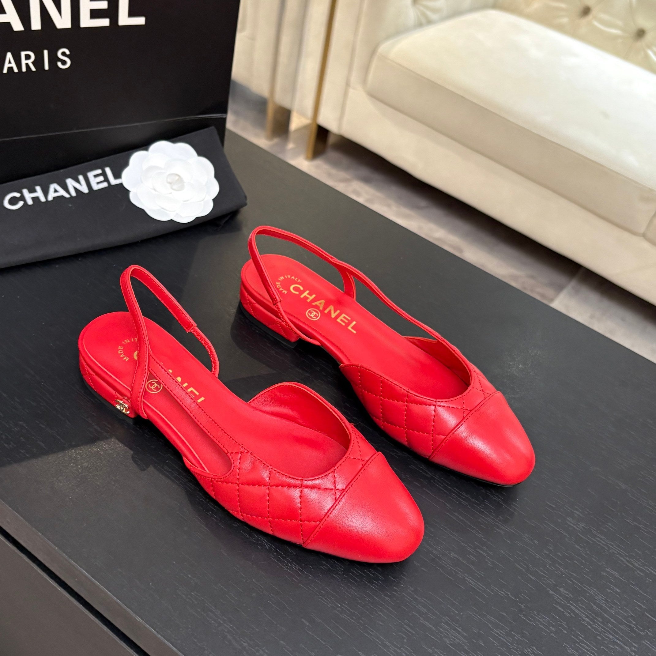 CC 26s Block Heel Slingback 1.5cm Red Quilted Lambskin 957982