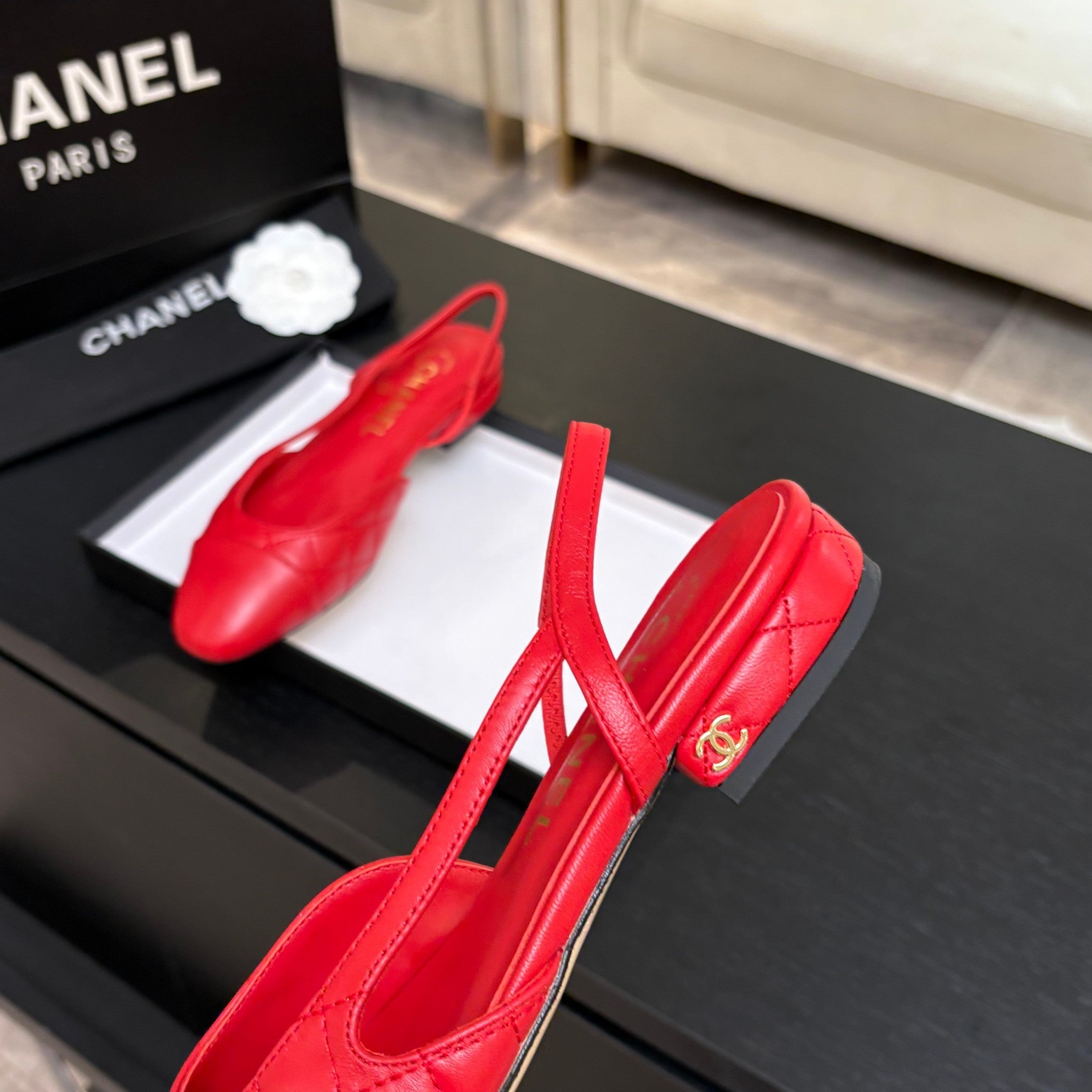 CC 26s Block Heel Slingback 1.5cm Red Quilted Lambskin 957982
