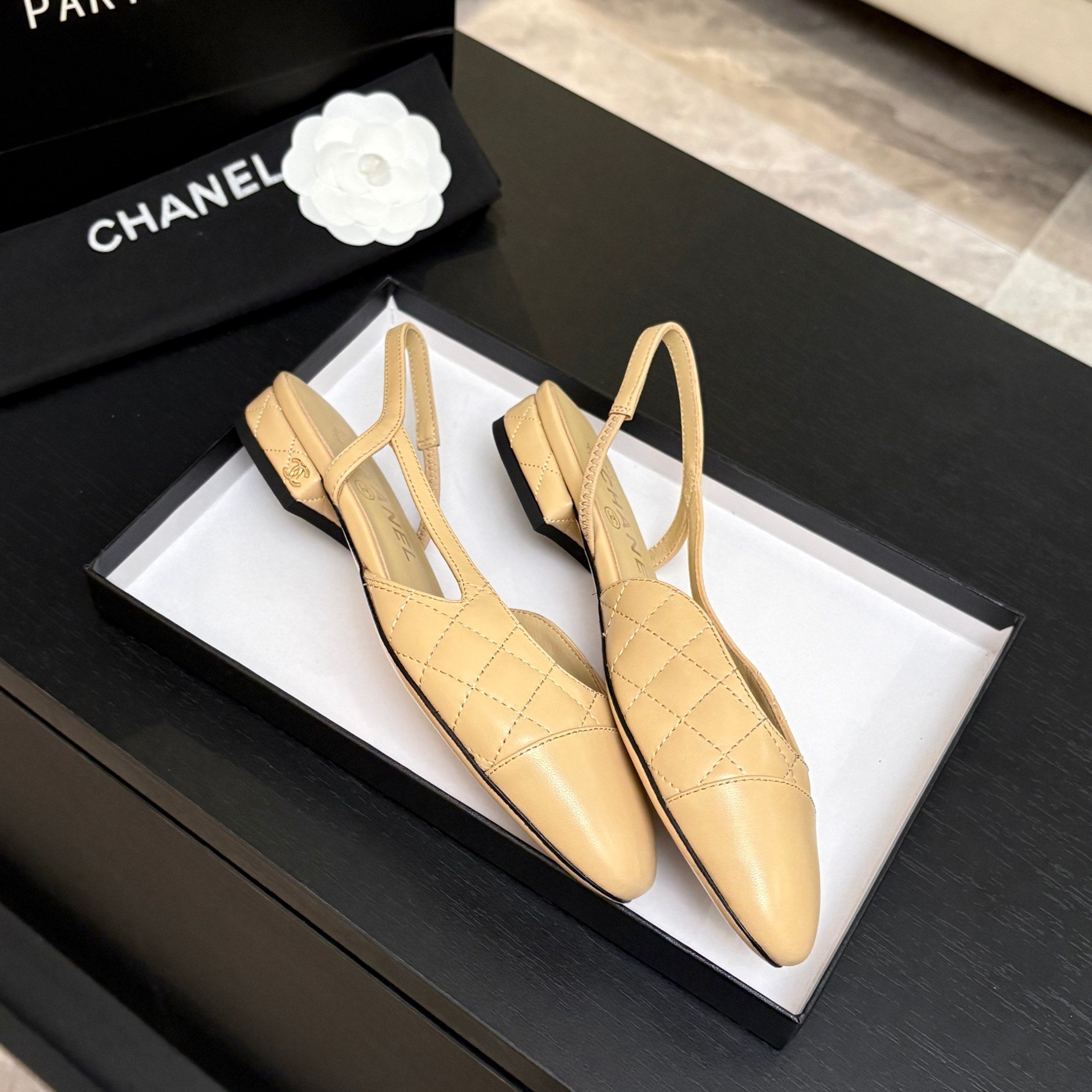 CC 26s Block Heel Slingback 1.5cm Coffee Quilted Lambskin 957983