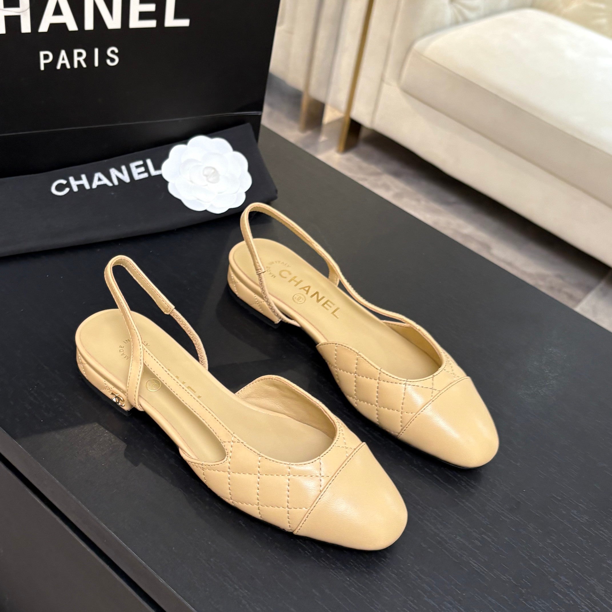 CC 26s Block Heel Slingback 1.5cm Coffee Quilted Lambskin 957983