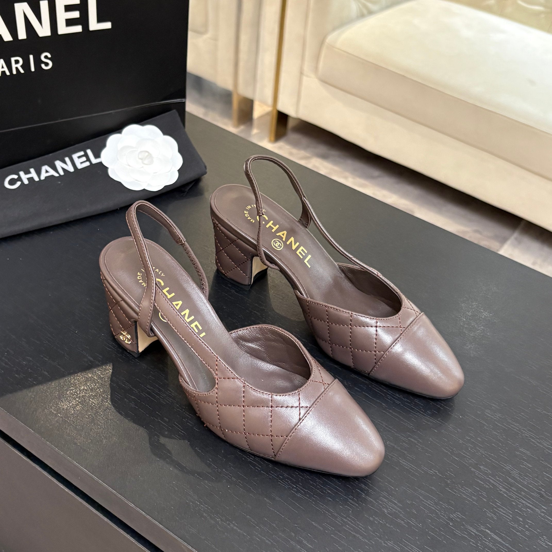CC 26s Block Heel Slingback 6cm Coffee Quilted Lambskin 957991