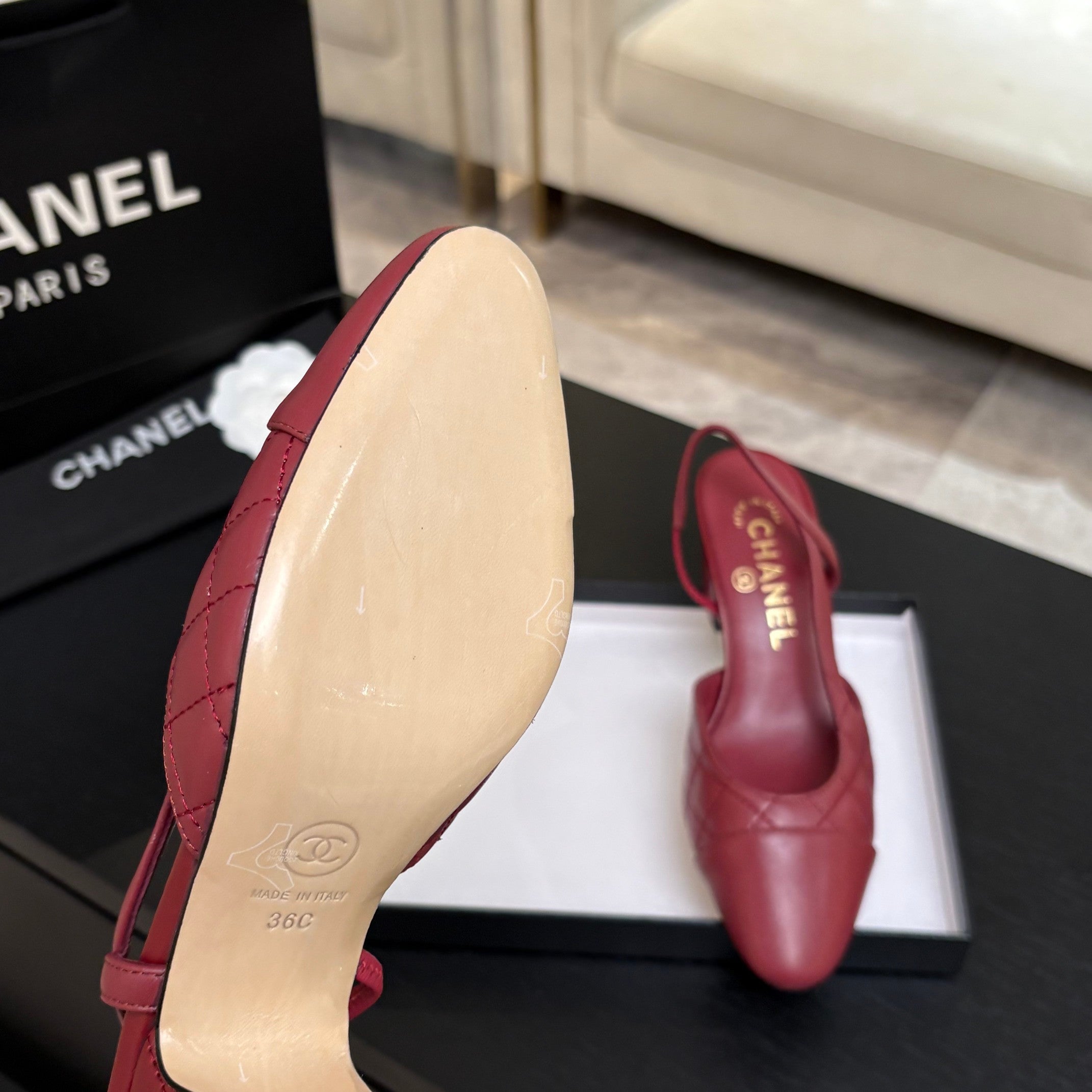 CC 26s Block Heel Slingback 6cm Burgundy Quilted Lambskin 957993