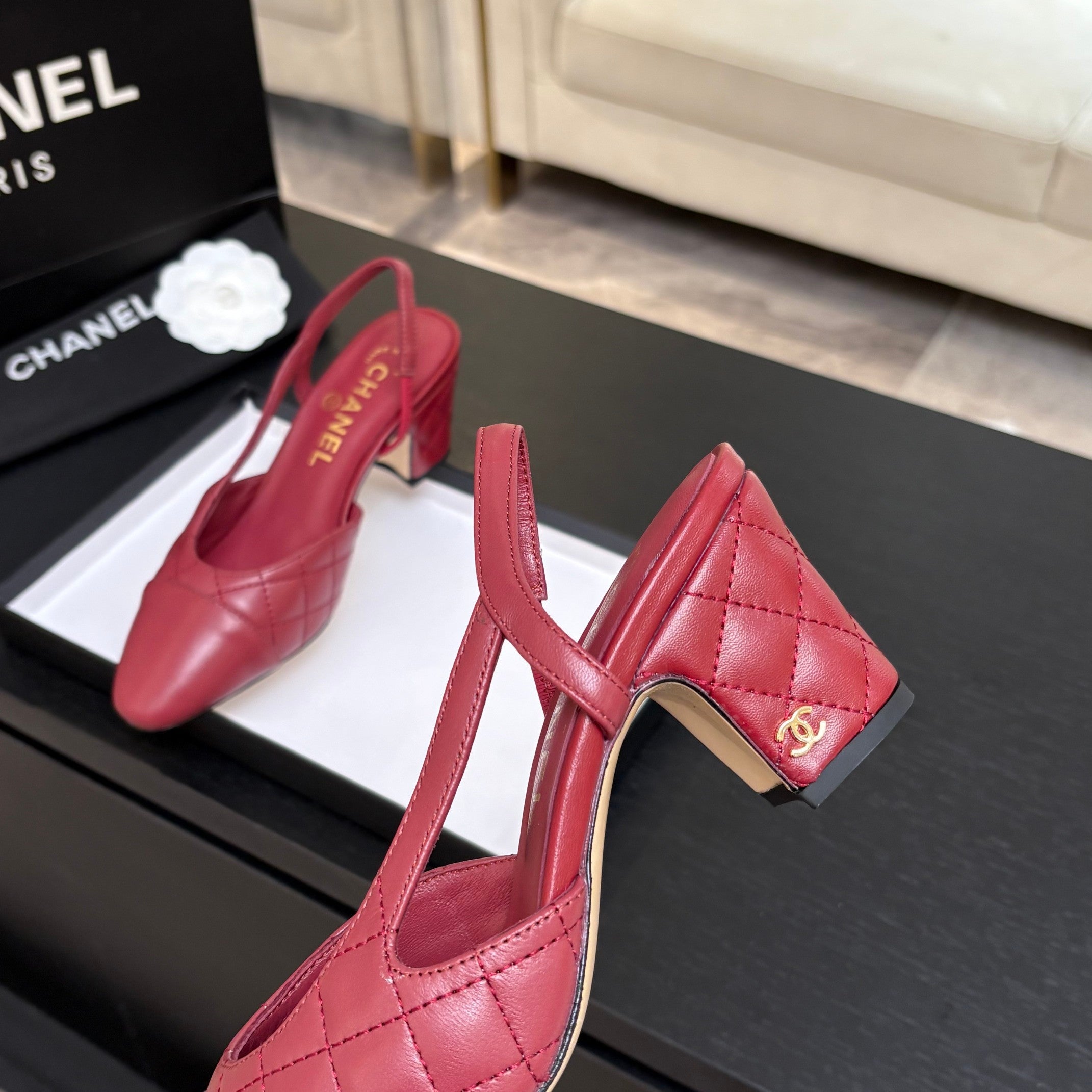 CC 26s Block Heel Slingback 6cm Burgundy Quilted Lambskin 957993