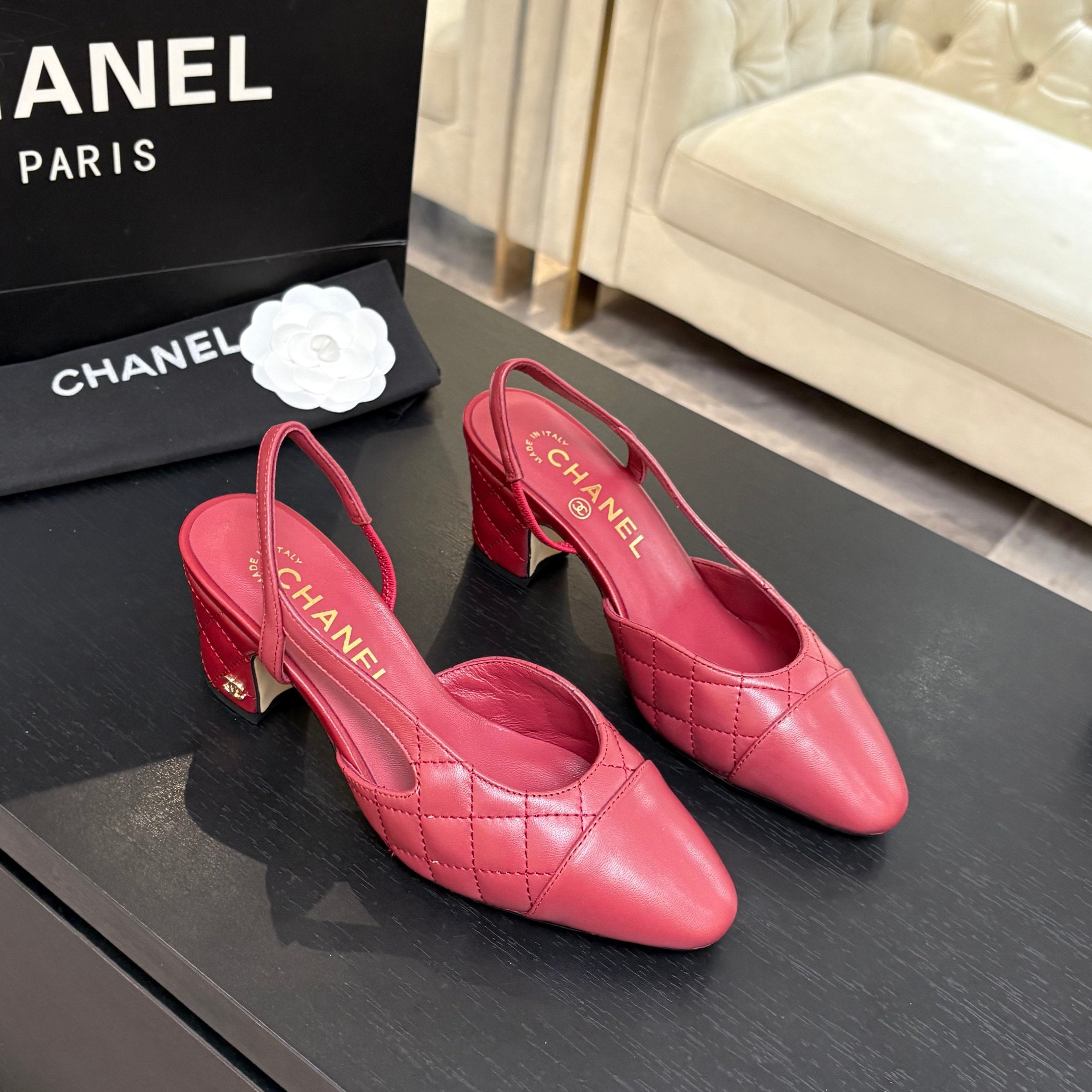CC 26s Block Heel Slingback 6cm Burgundy Quilted Lambskin 957993