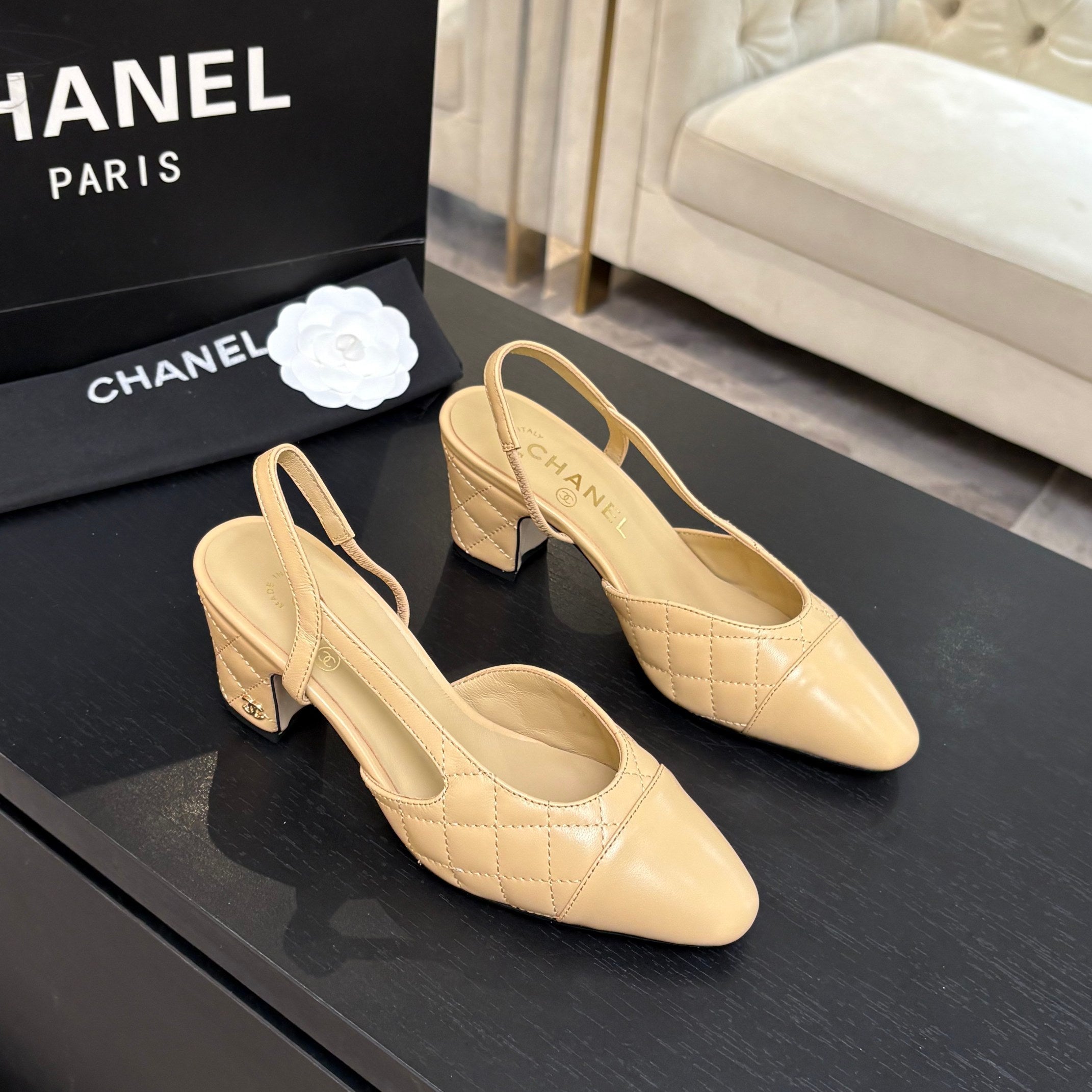 CC 26s Block Heel Slingback 6cm Beige Quilted Lambskin 957994