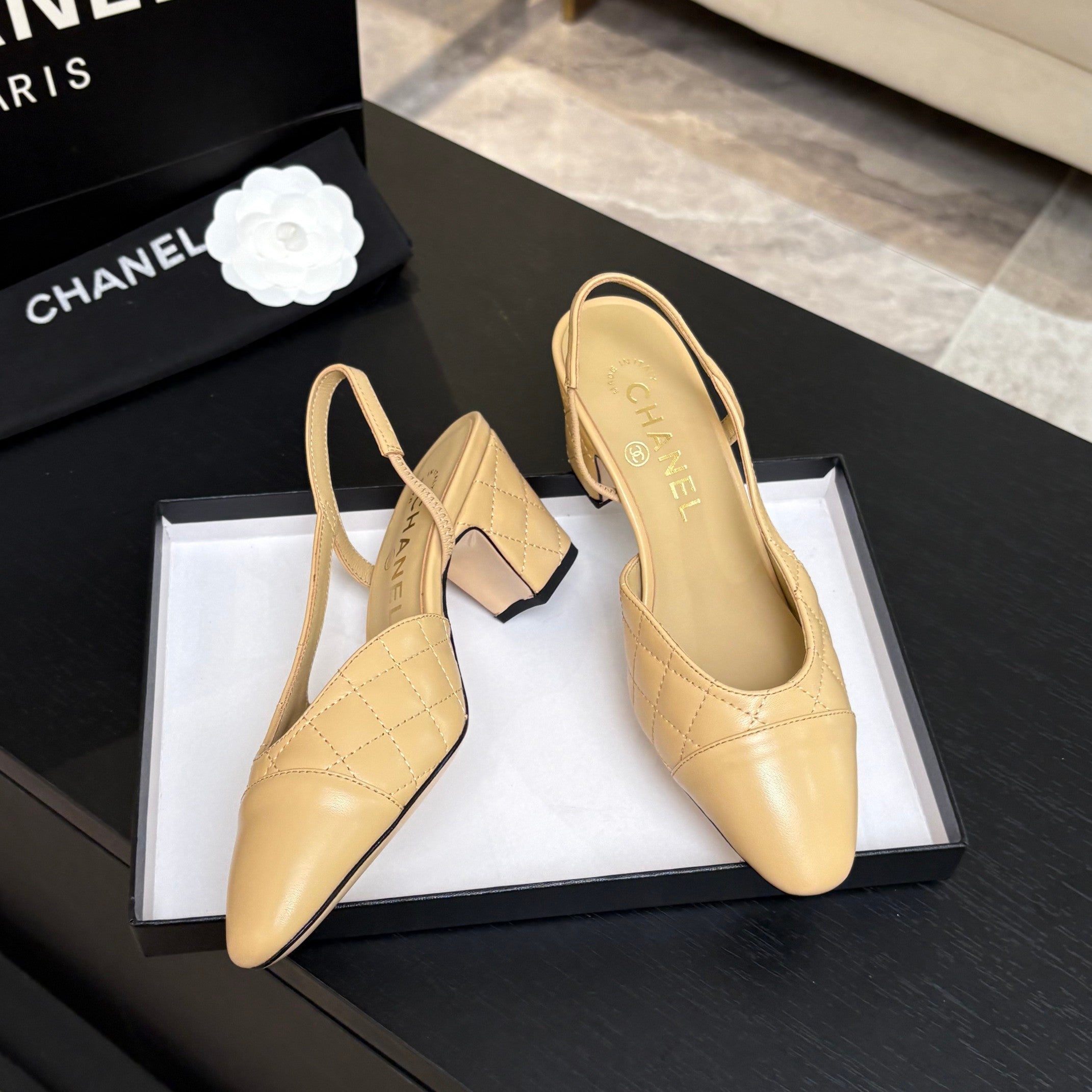 CC 26s Block Heel Slingback 6cm Beige Quilted Lambskin 957994
