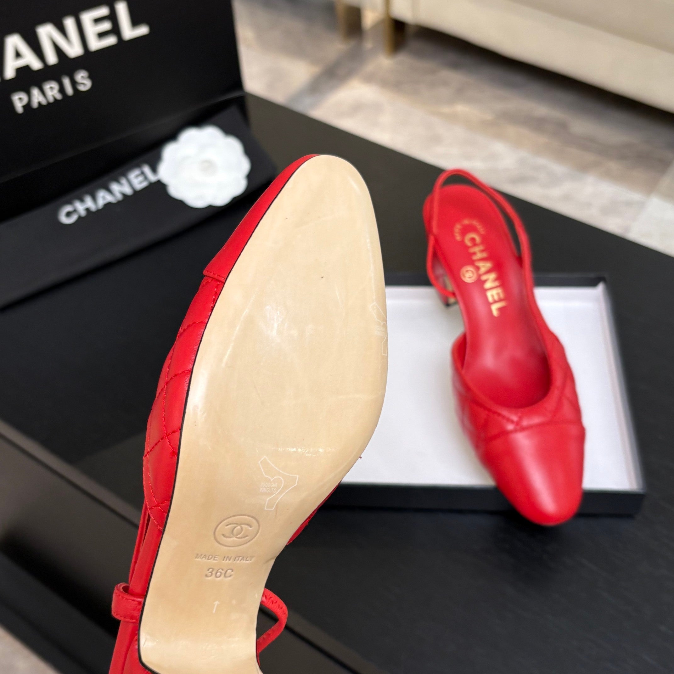 CC 26s Block Heel Slingback 6cm Red Quilted Lambskin 957995