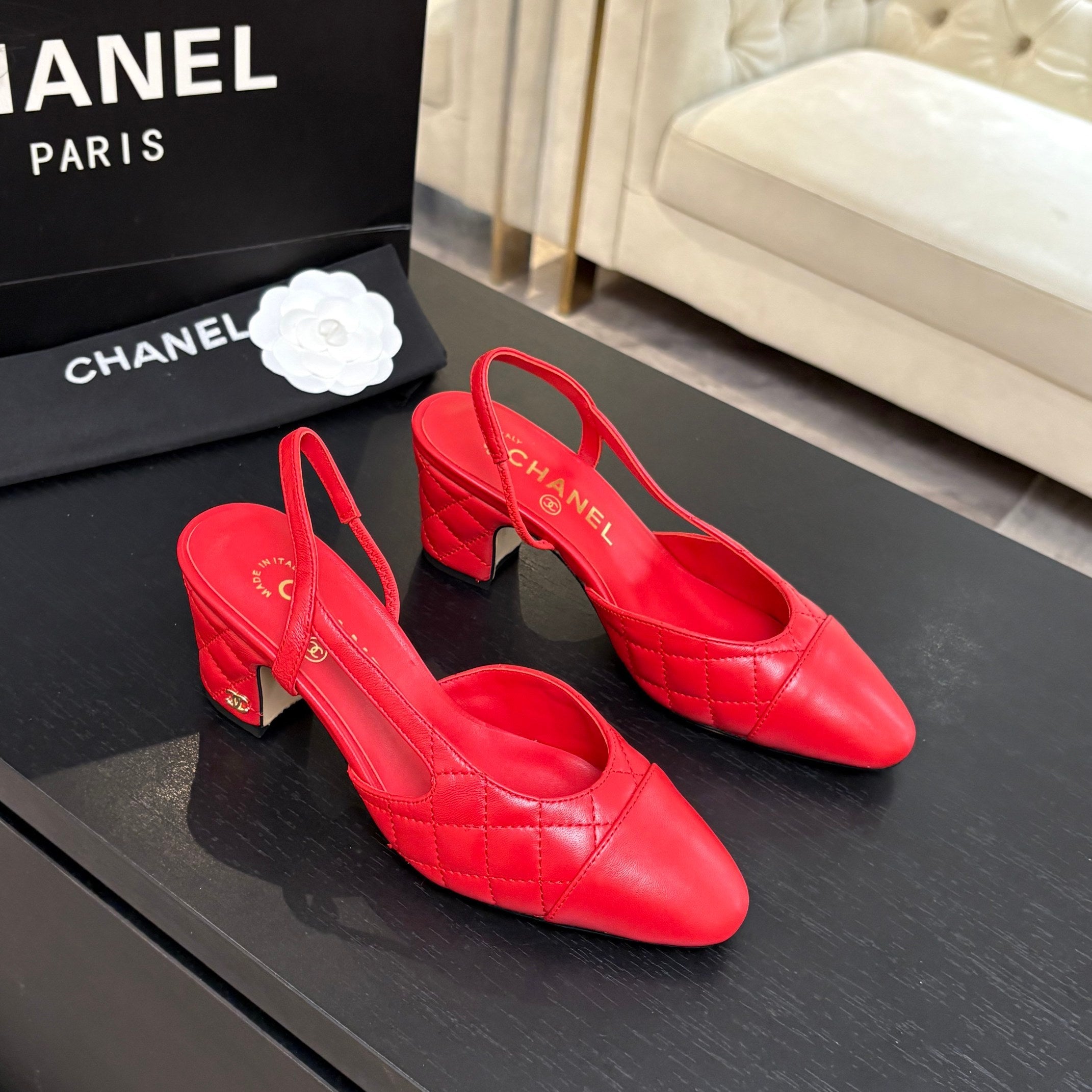 CC 26s Block Heel Slingback 6cm Red Quilted Lambskin 957995