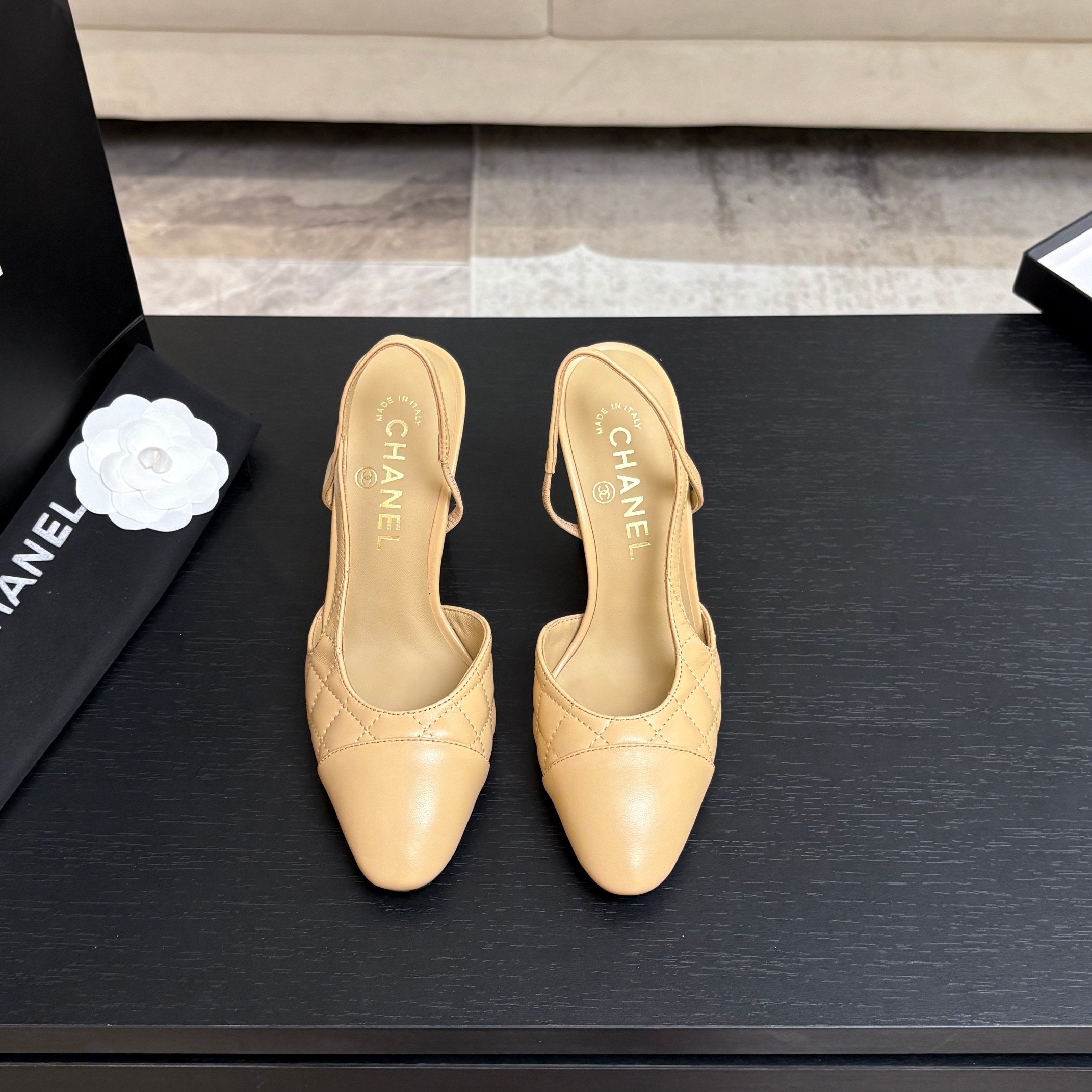CC 26s Block Heel Slingback 9cm Beige Quilted Lambskin 957997