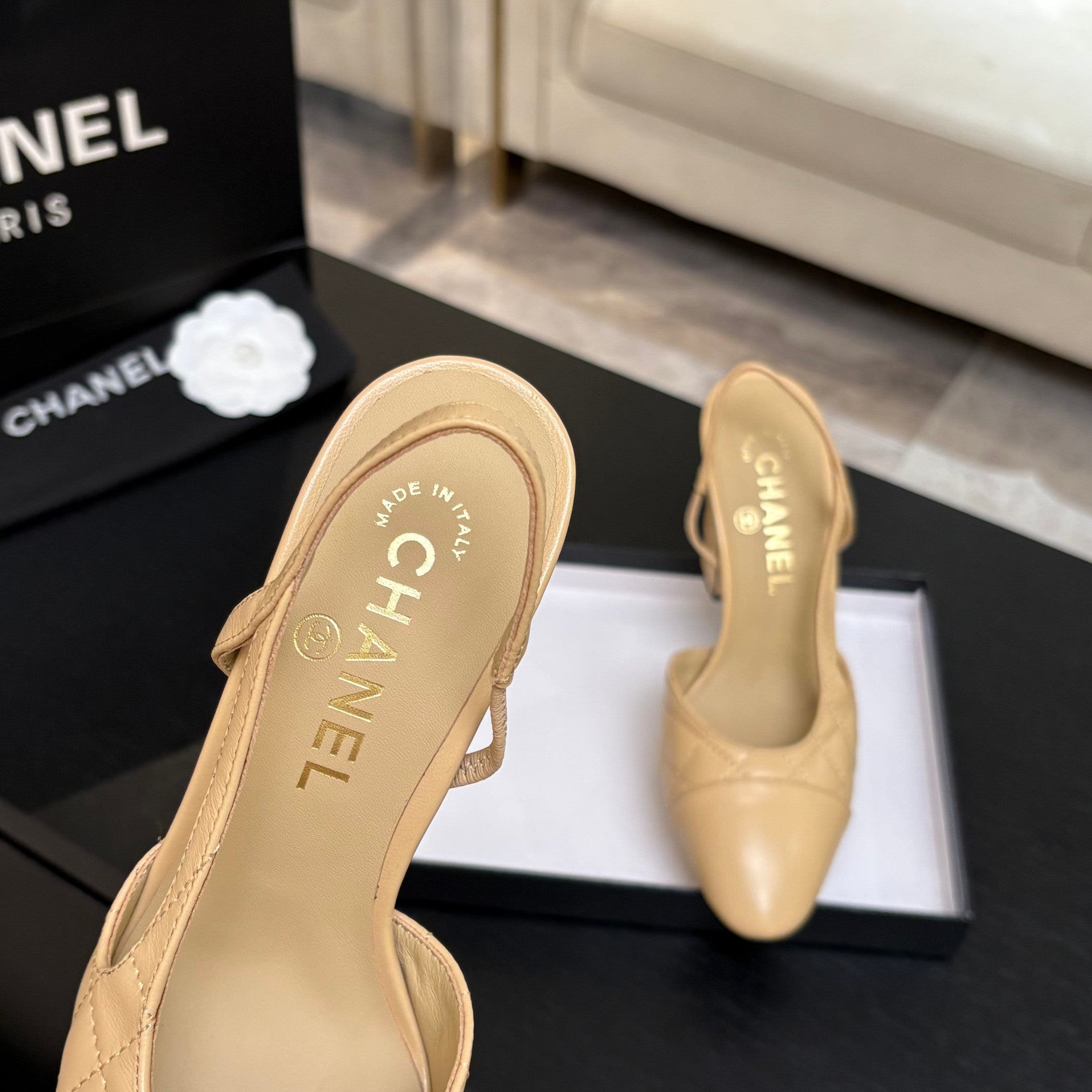 CC 26s Block Heel Slingback 9cm Beige Quilted Lambskin 957997