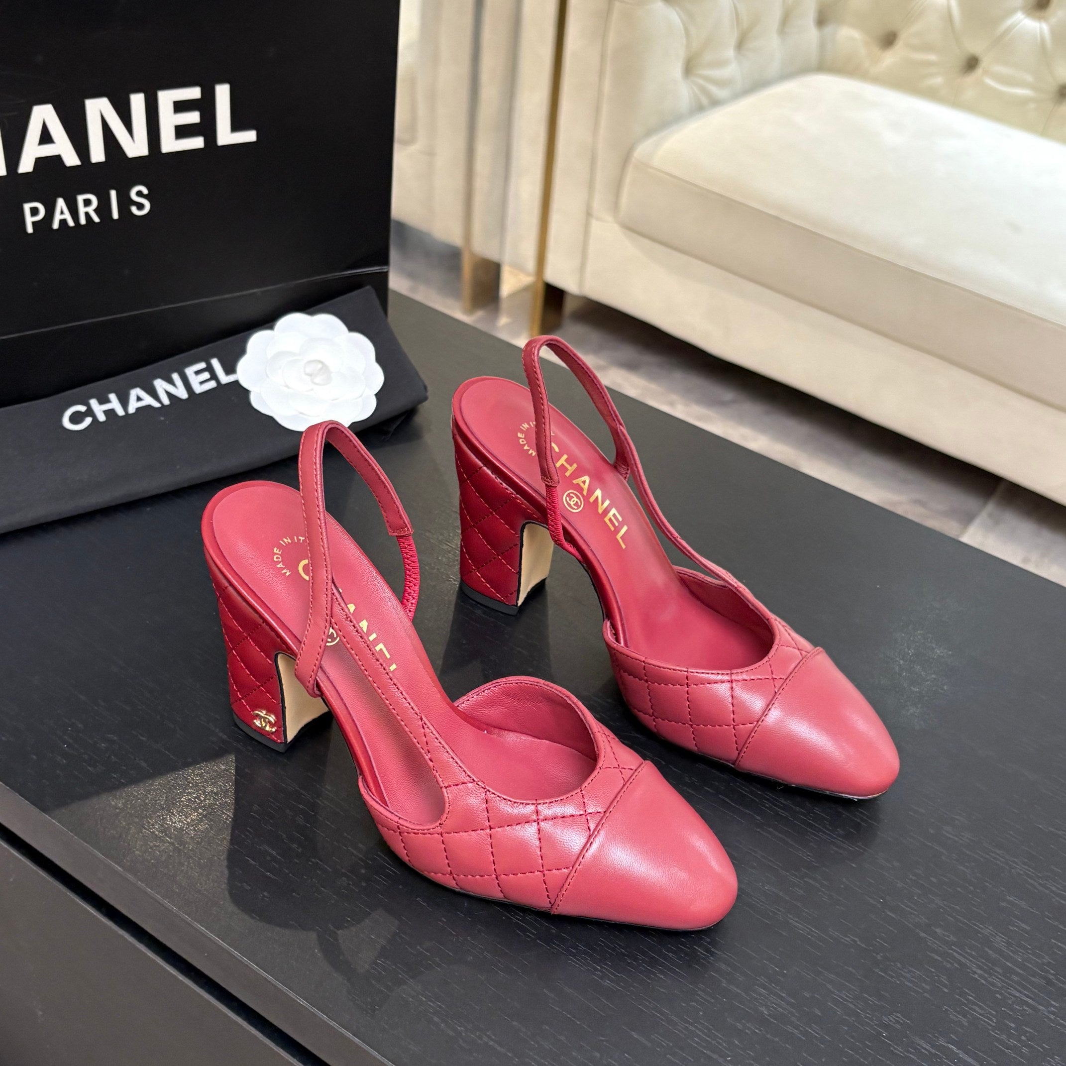 CC 26s Block Heel Slingback 9cm Burgundy Quilted Lambskin 958000