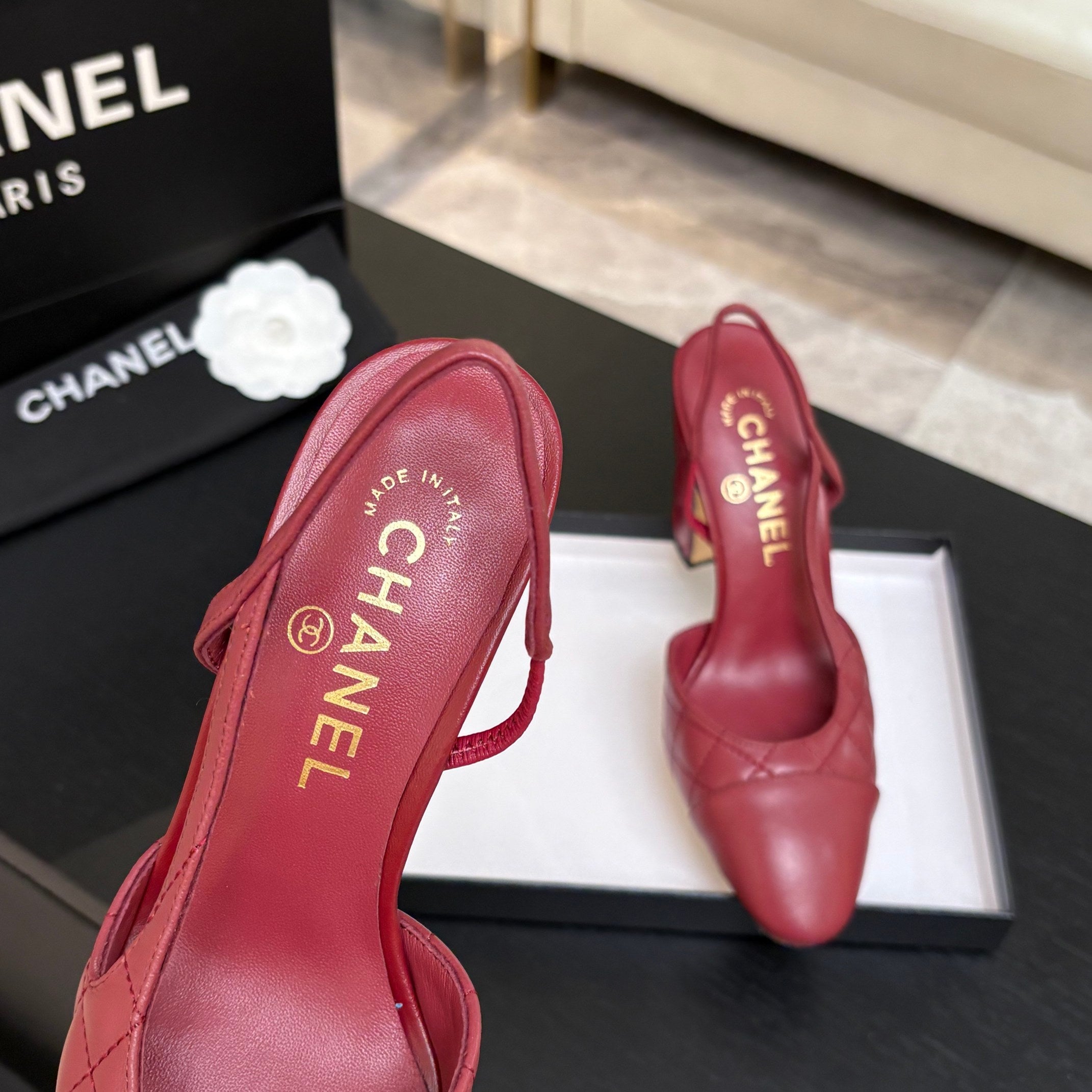 CC 26s Block Heel Slingback 9cm Red Quilted Lambskin 958001
