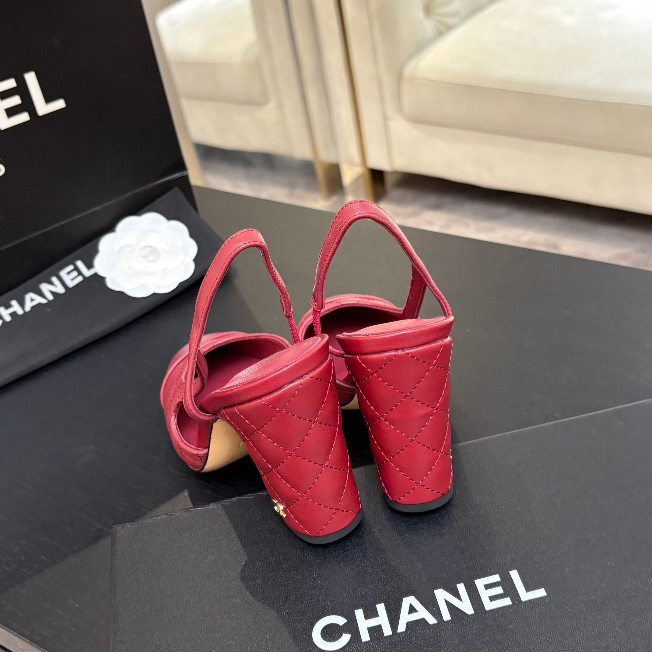 CC 26s Block Heel Slingback 9cm Red Quilted Lambskin 958001