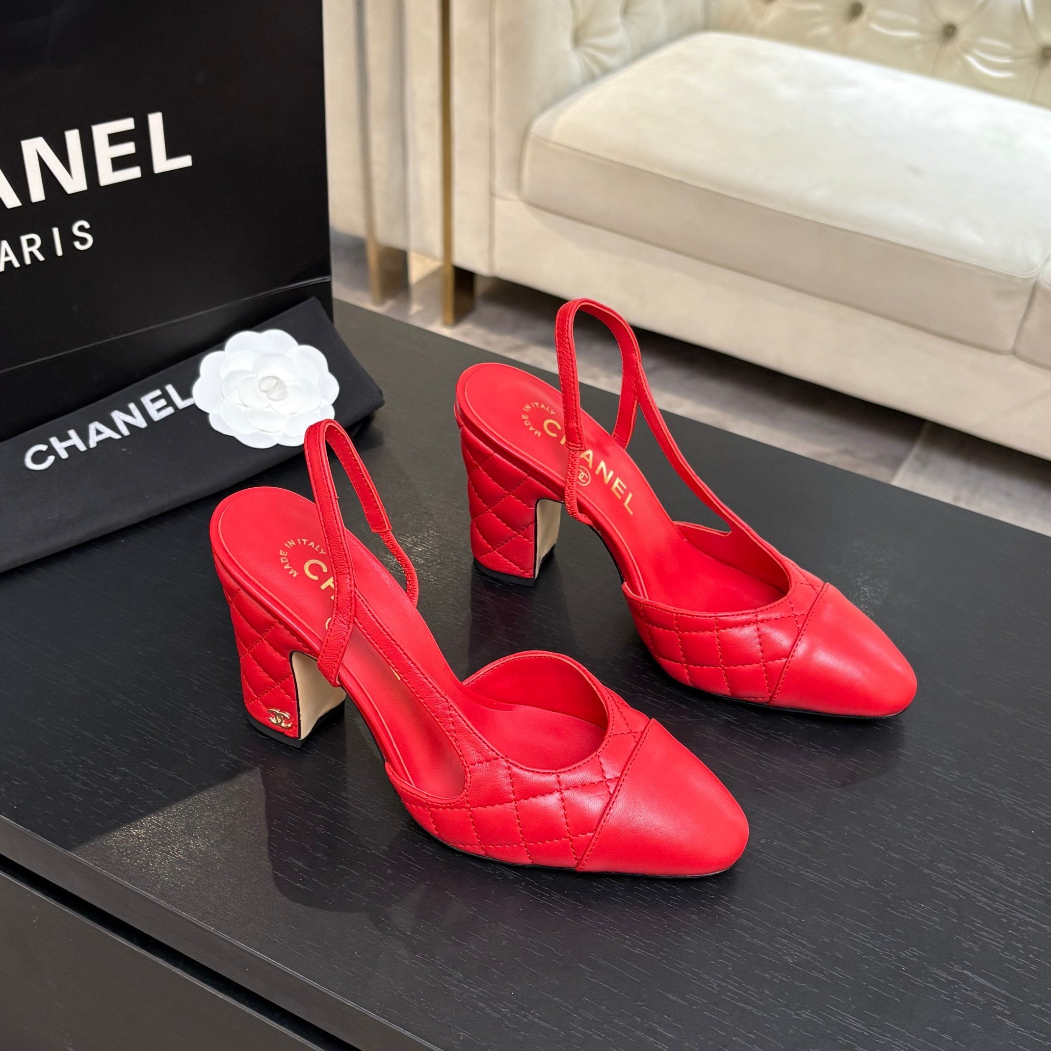 CC 26s Block Heel Slingback 9cm Red Quilted Lambskin 958001