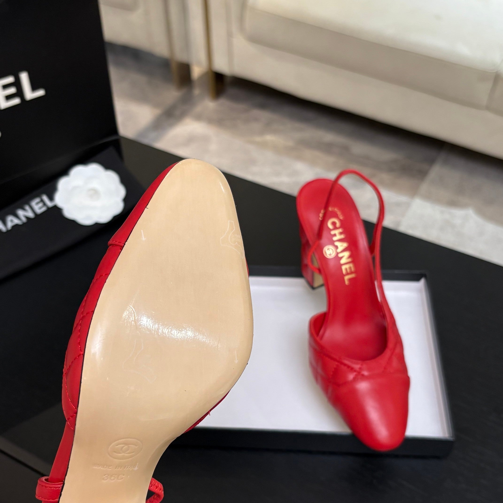 CC 26s Block Heel Slingback 9cm Red Quilted Lambskin 958001