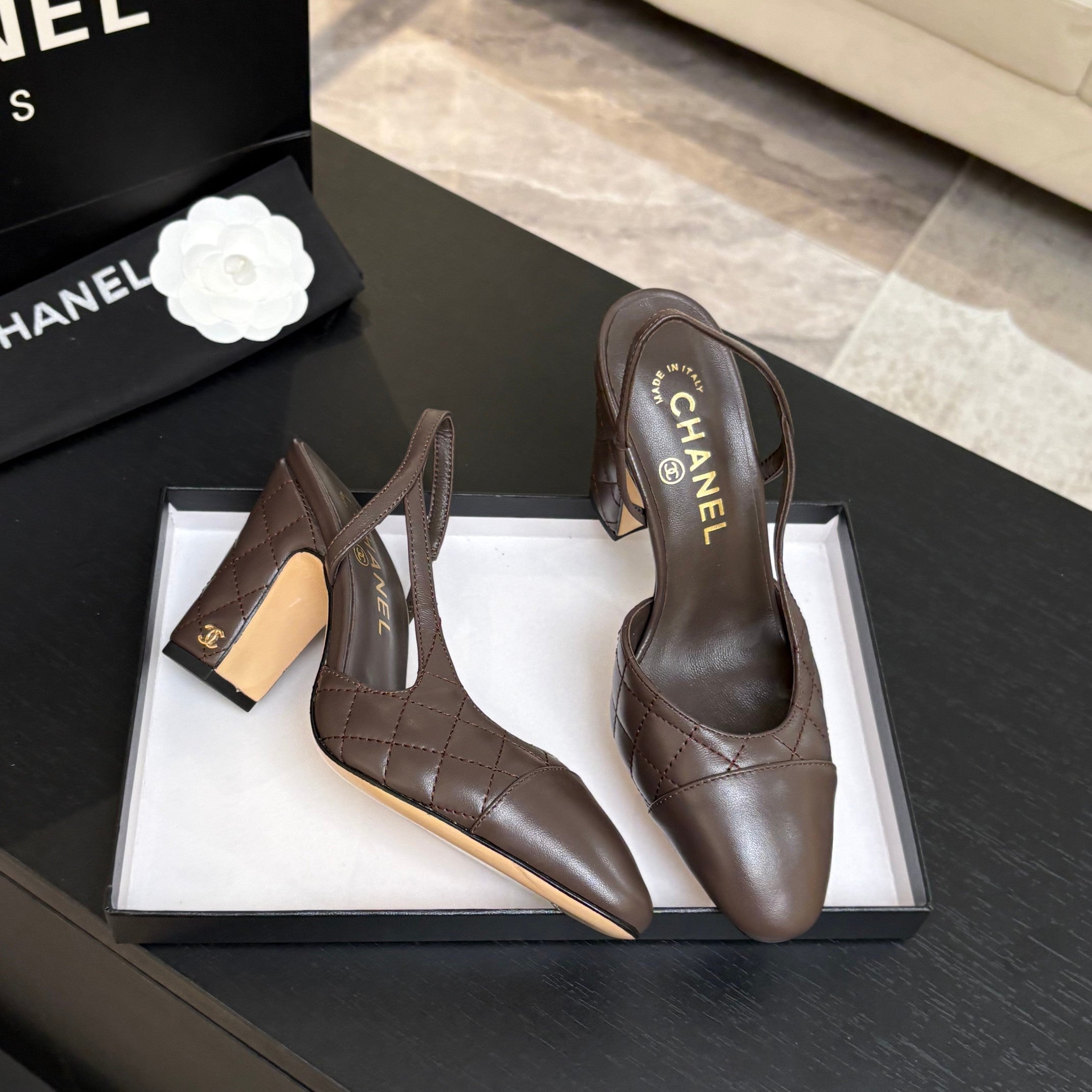 CC 26s Block Heel Slingback 9cm Coffee Quilted Lambskin 958002