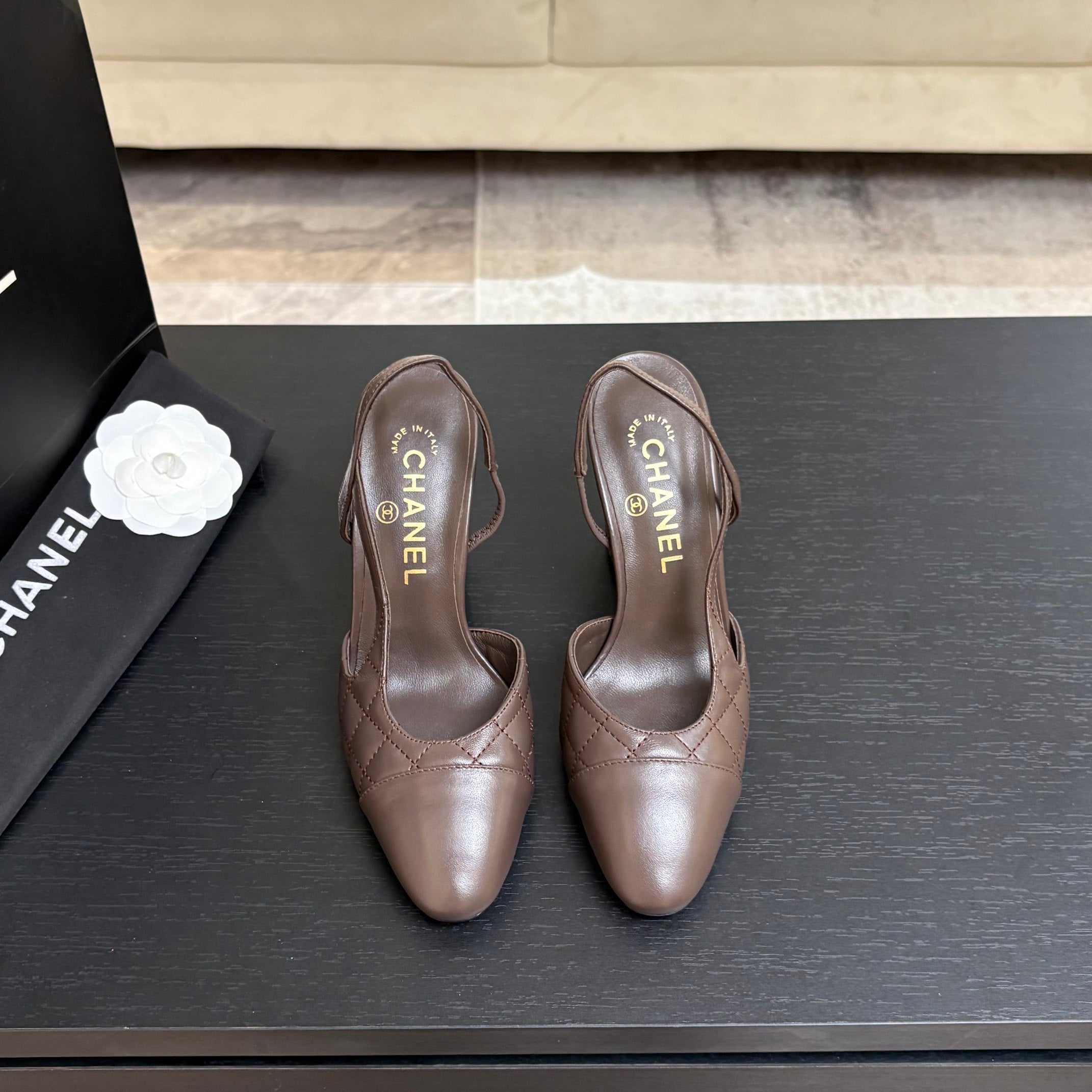 CC 26s Block Heel Slingback 9cm Coffee Quilted Lambskin 958002