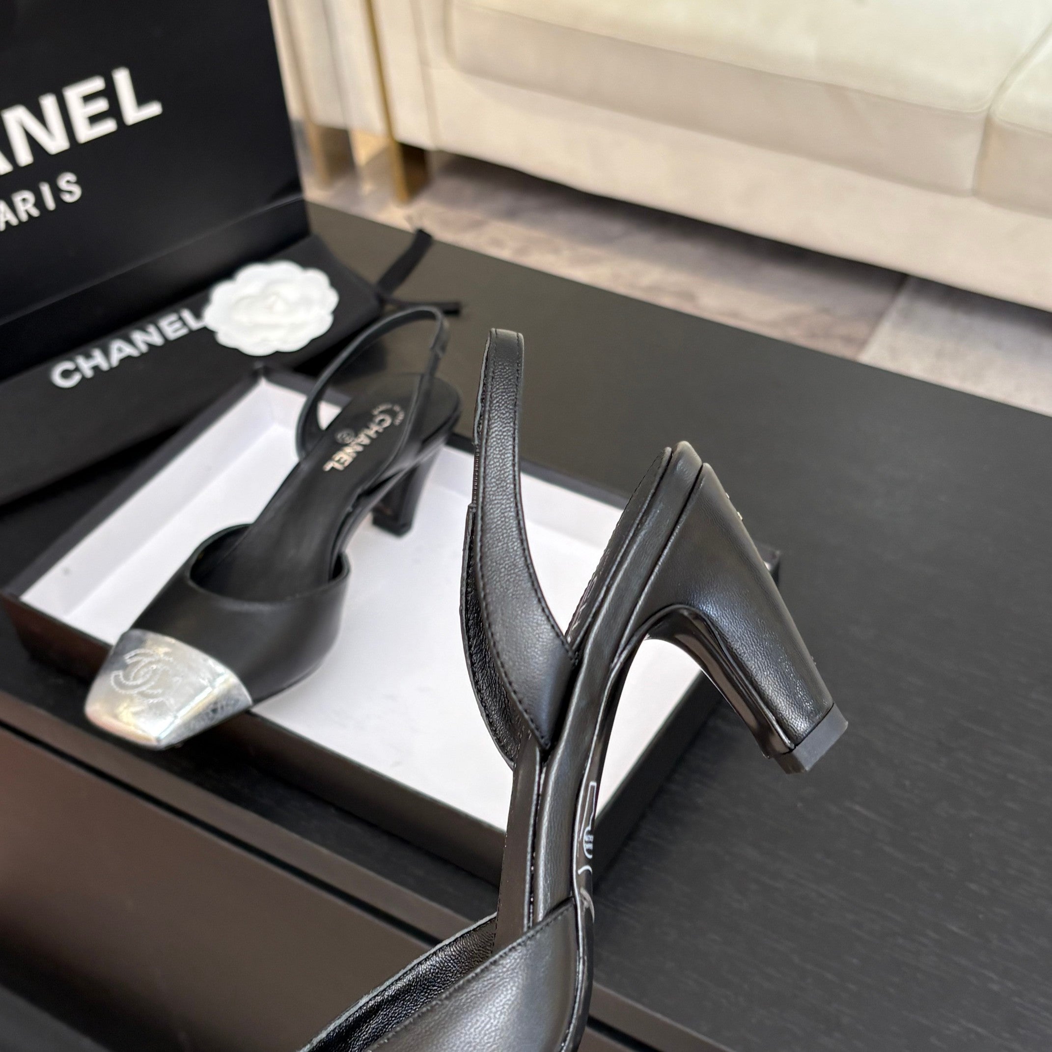 CC 26s Square Cap Toe Slingback 7cm Black Sliver Lambskin 958028