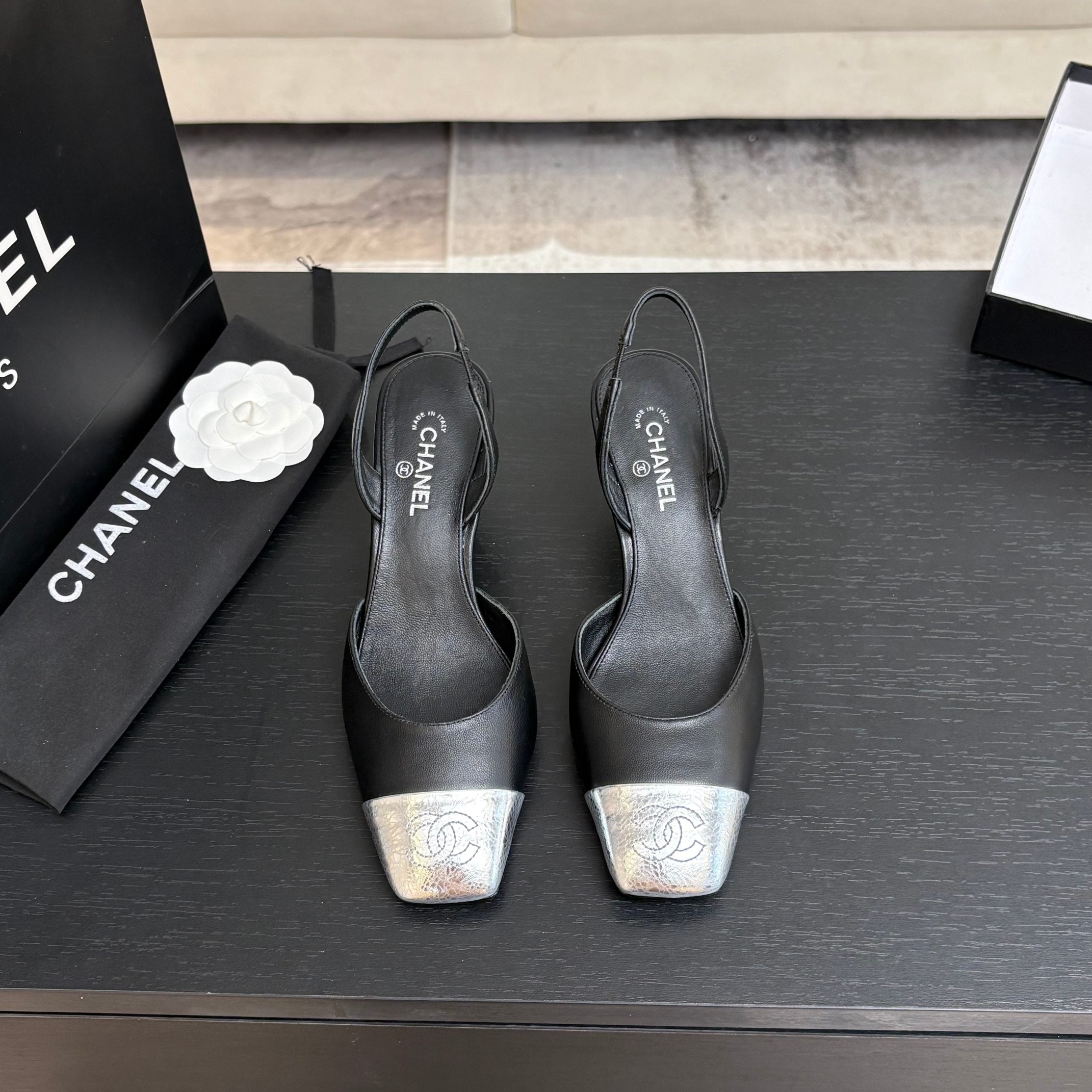 CC 26s Square Cap Toe Slingback 7cm Black Sliver Lambskin 958028