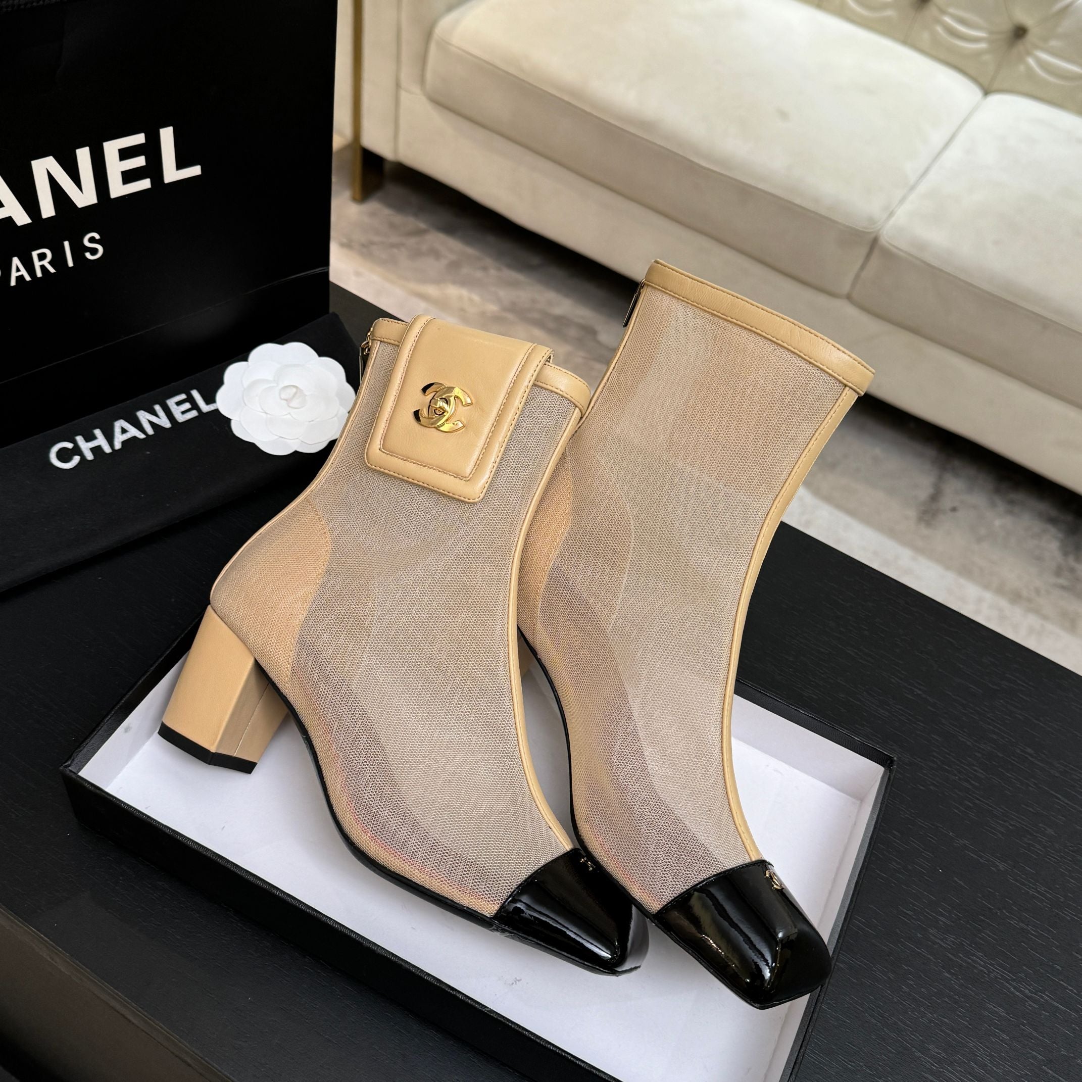 CC 26s Ankle Boots With Pocket Black Beige Green Mesh Lambskin 958066