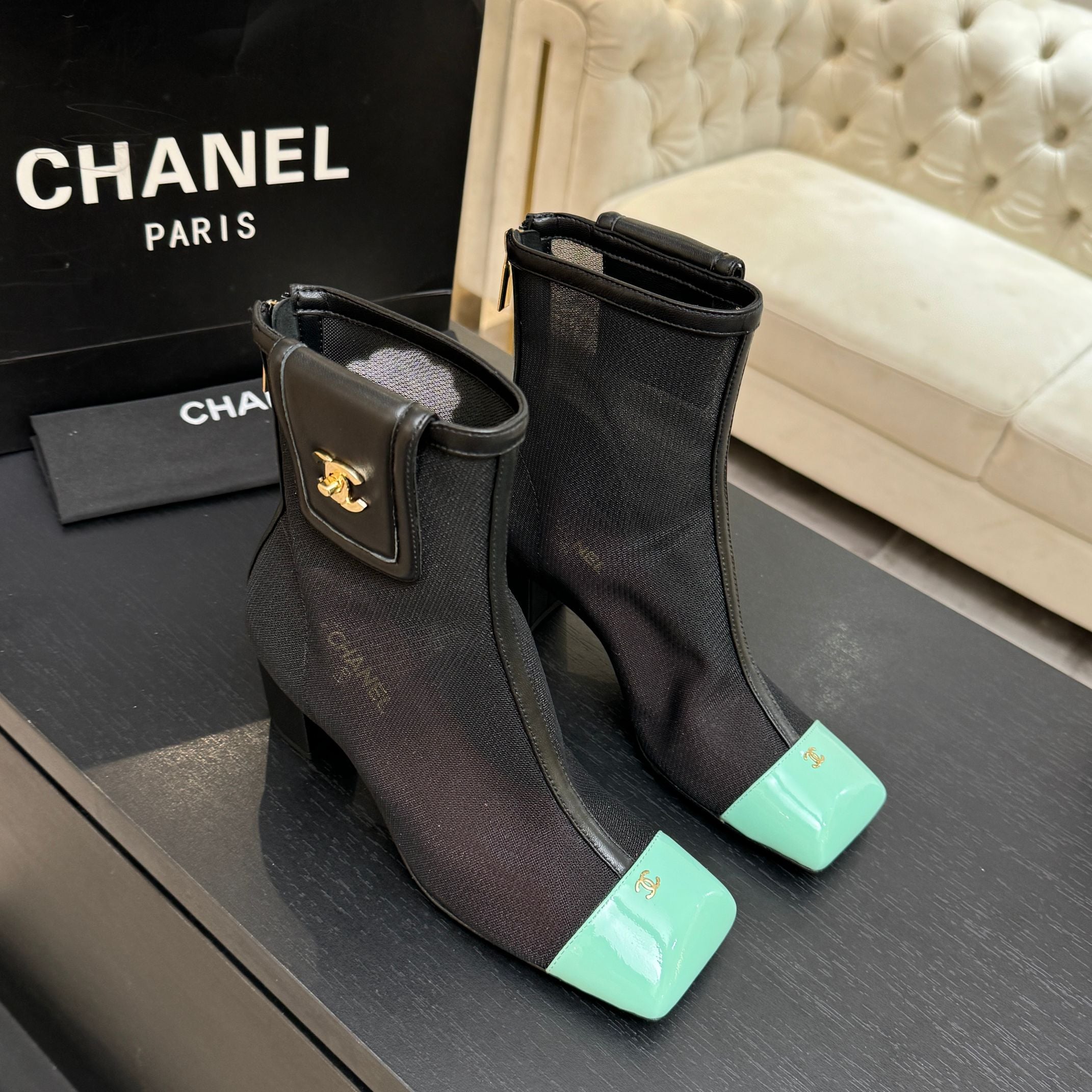 CC 26s Ankle Boots With Pocket Black Mint Green Mesh Lambskin 958067