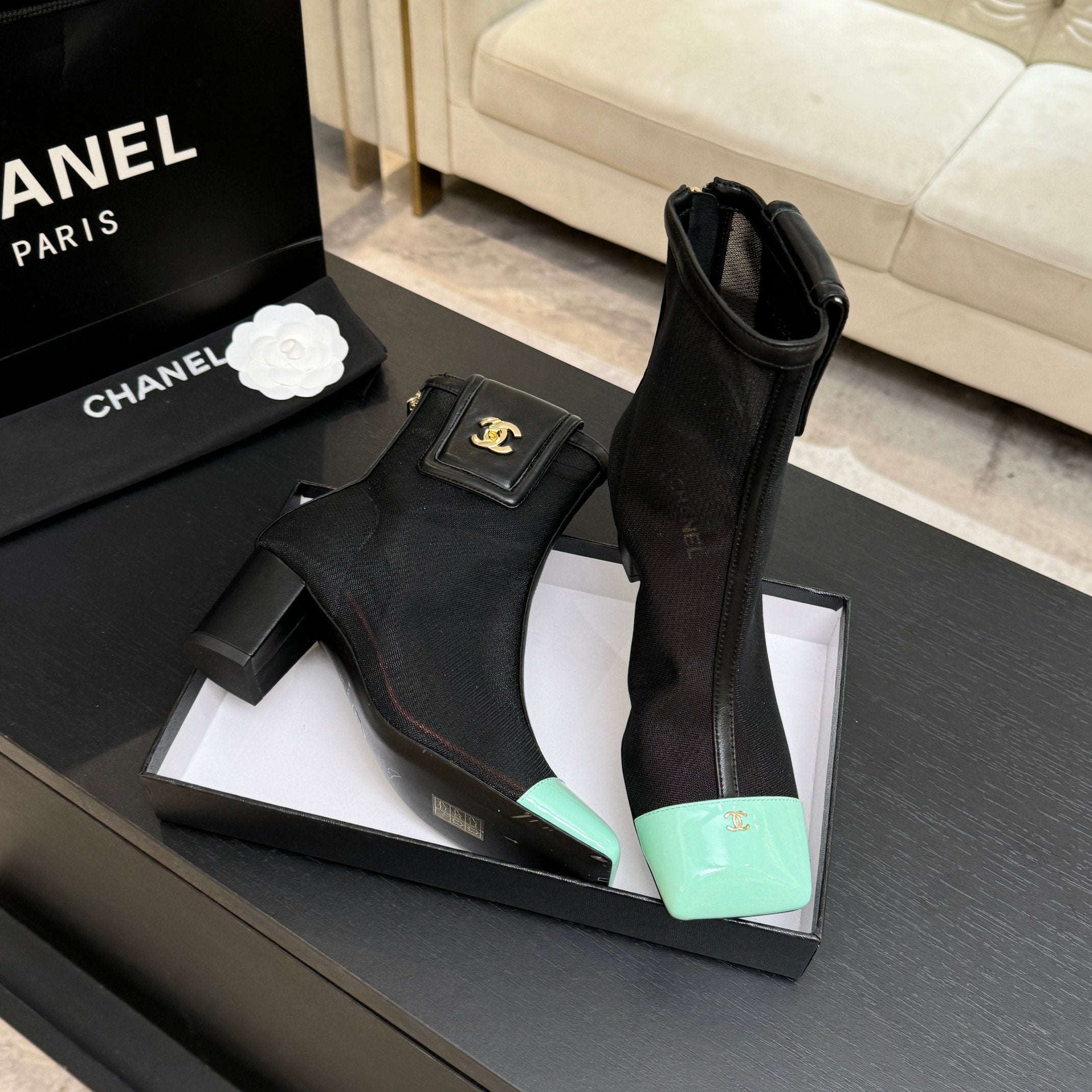 CC 26s Ankle Boots With Pocket Black Mint Green Mesh Lambskin 958067