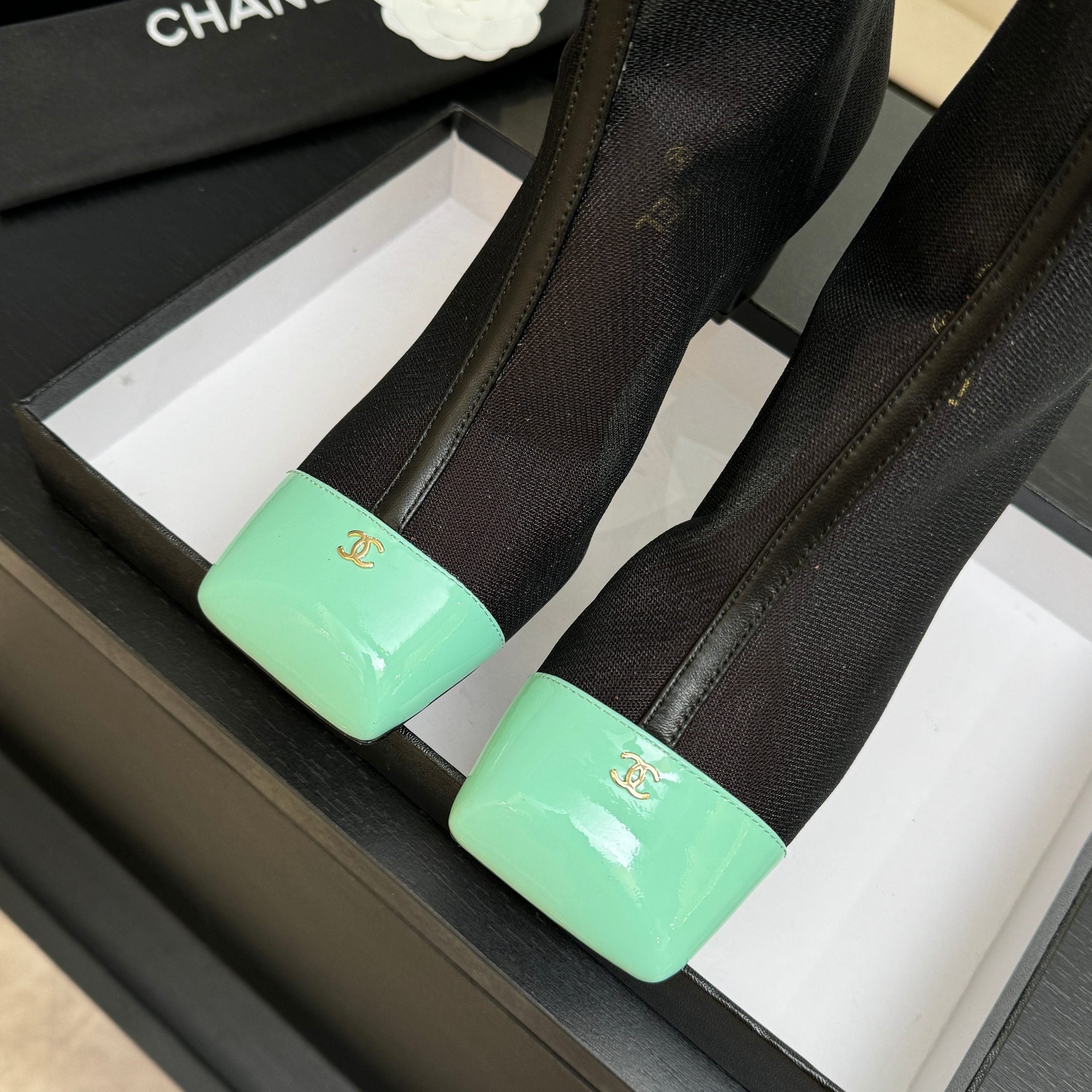 CC 26s Ankle Boots With Pocket Black Mint Green Mesh Lambskin 958067