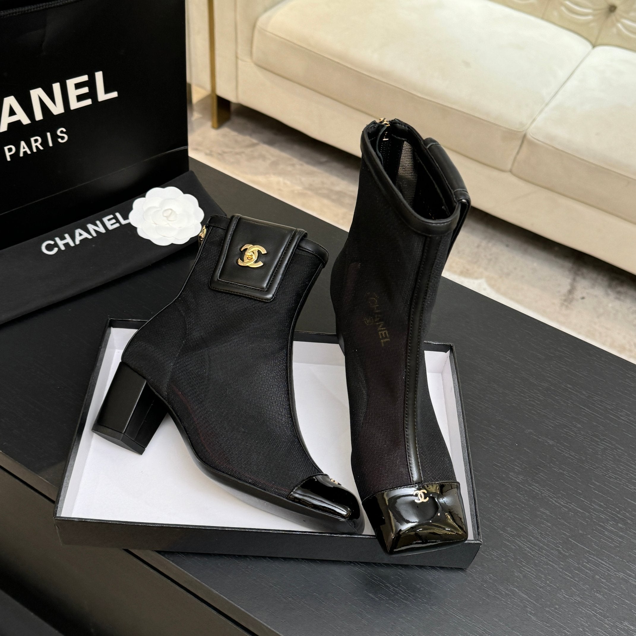 CC 26s Ankle Boots With Pocket Black Mesh Lambskin 958069