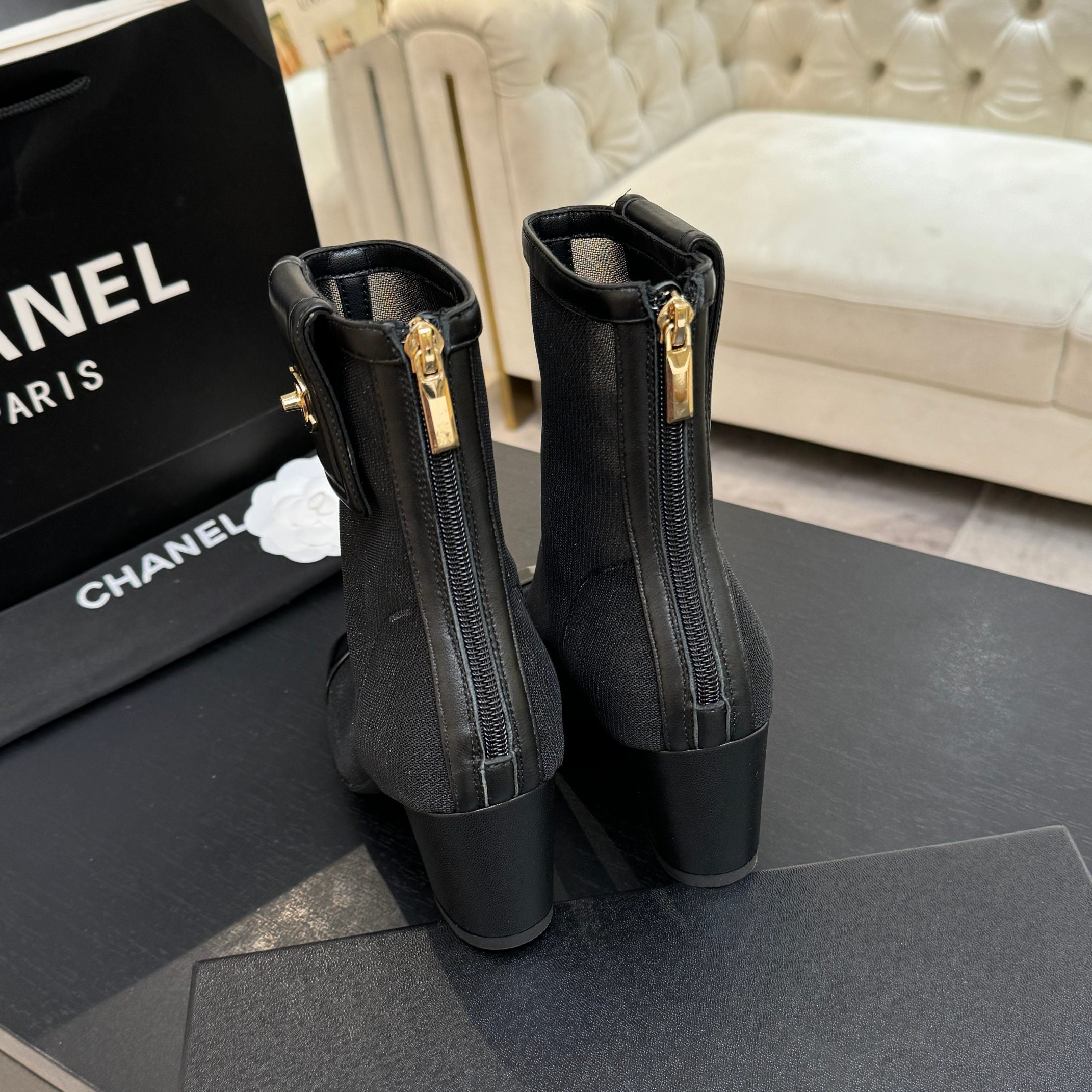 CC 26s Ankle Boots With Pocket Black Mesh Lambskin 958069