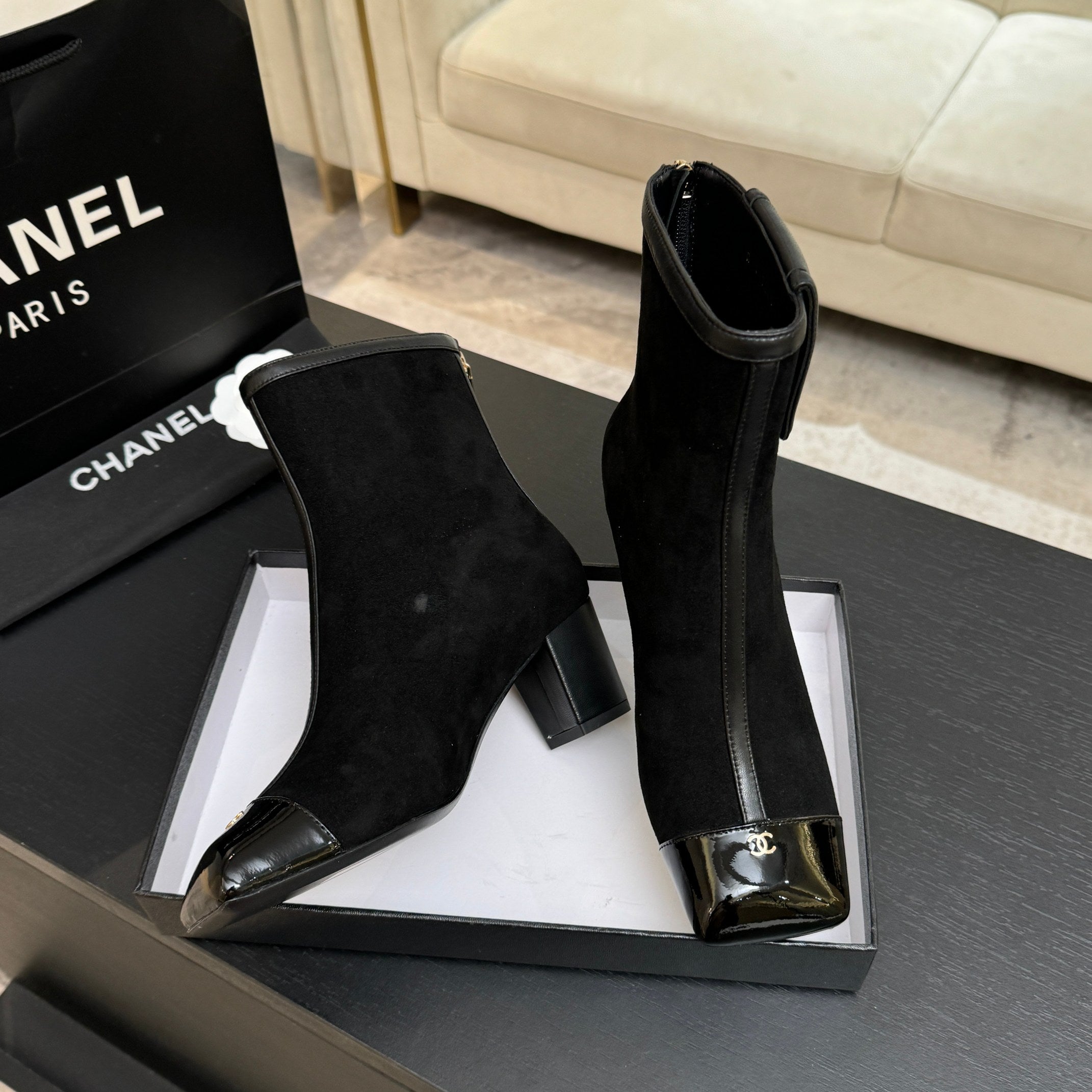 CC 26s Ankle Boots With Pocket Black Suede Patent Lambskin 958072