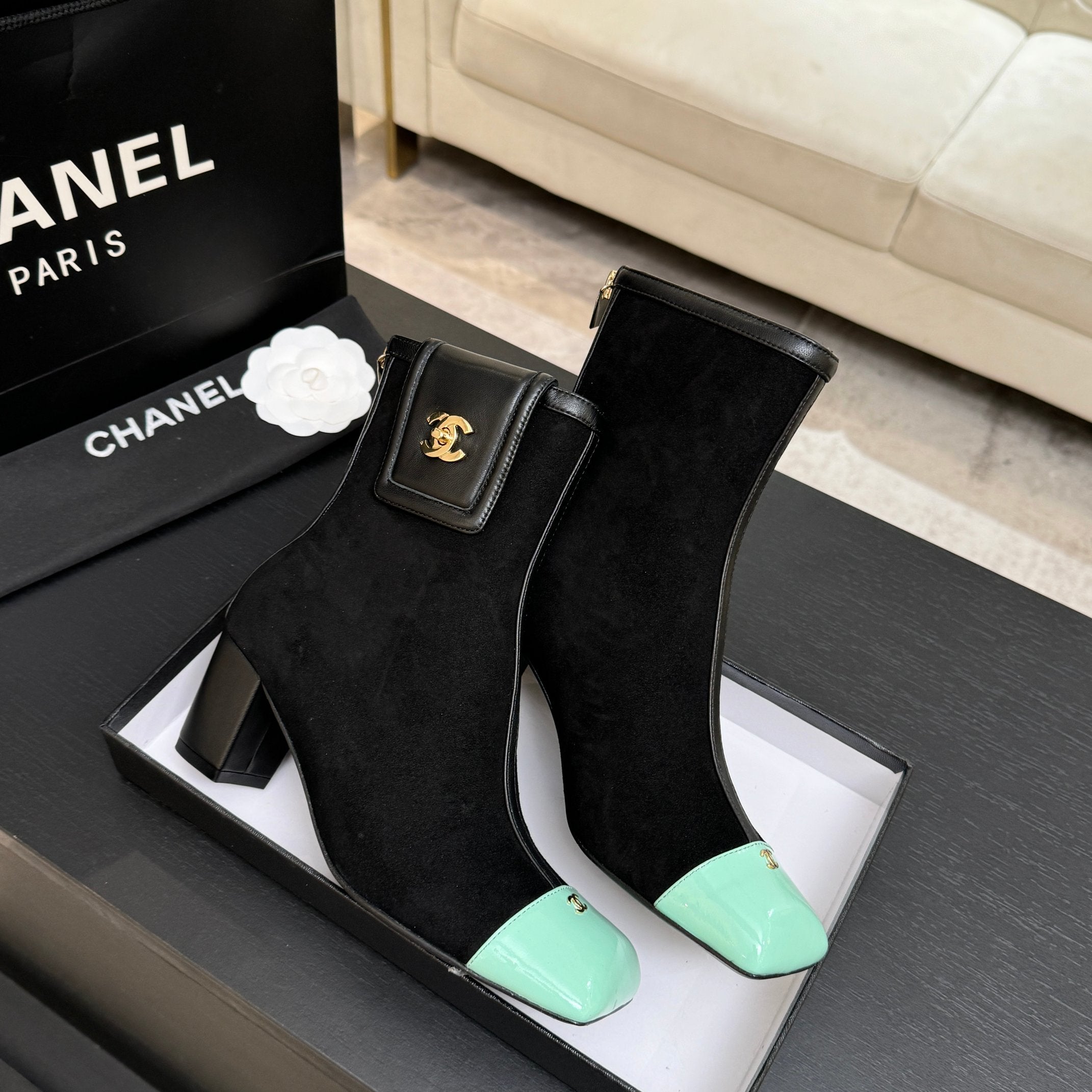 CC 26s Ankle Boots With Pocket Black Mint Green Suede Lambskin 958074
