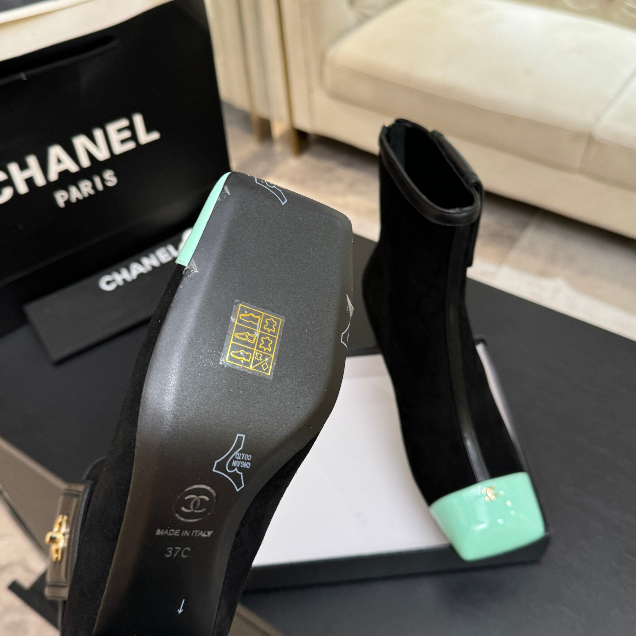CC 26s Ankle Boots With Pocket Black Mint Green Suede Lambskin 958074