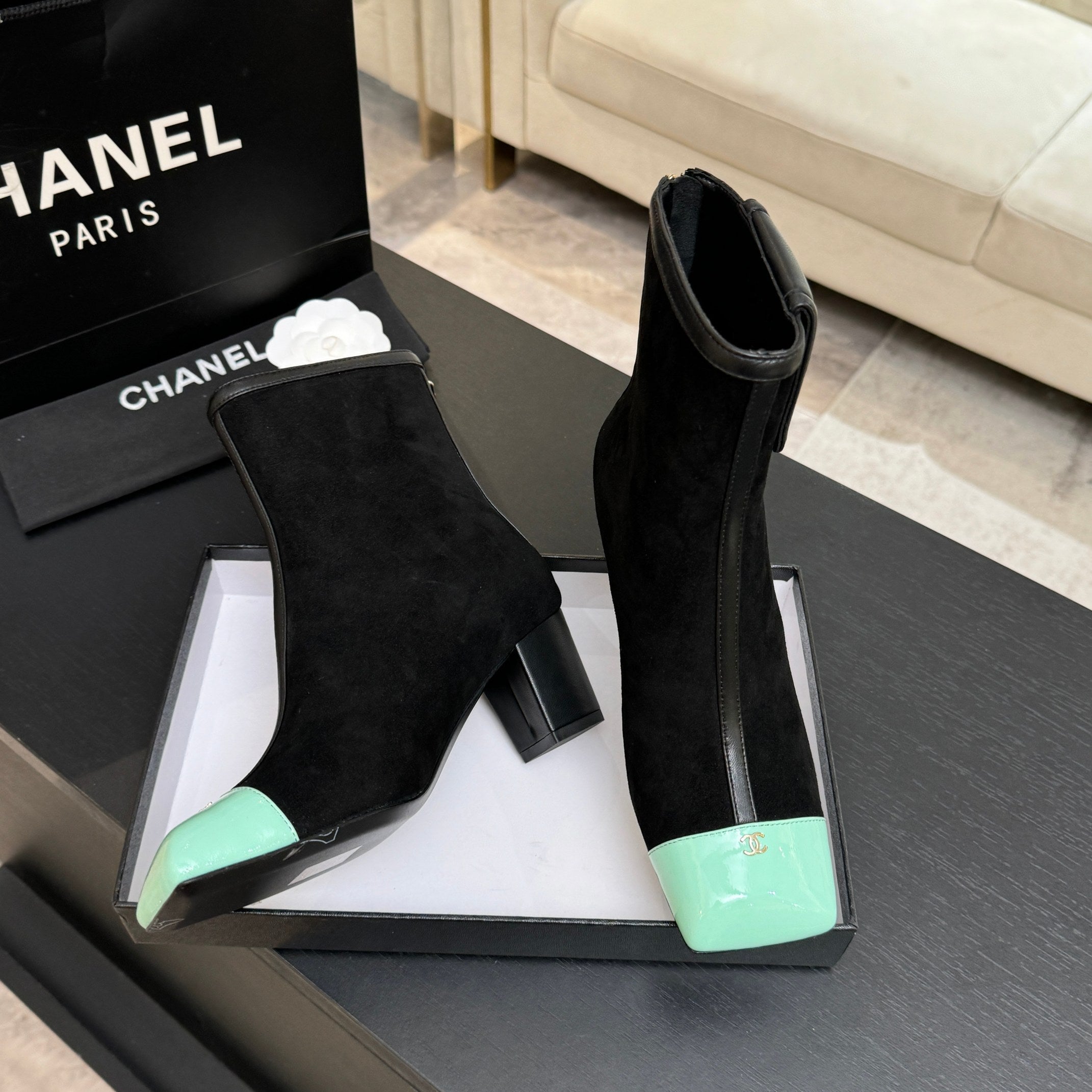 CC 26s Ankle Boots With Pocket Black Mint Green Suede Lambskin 958074