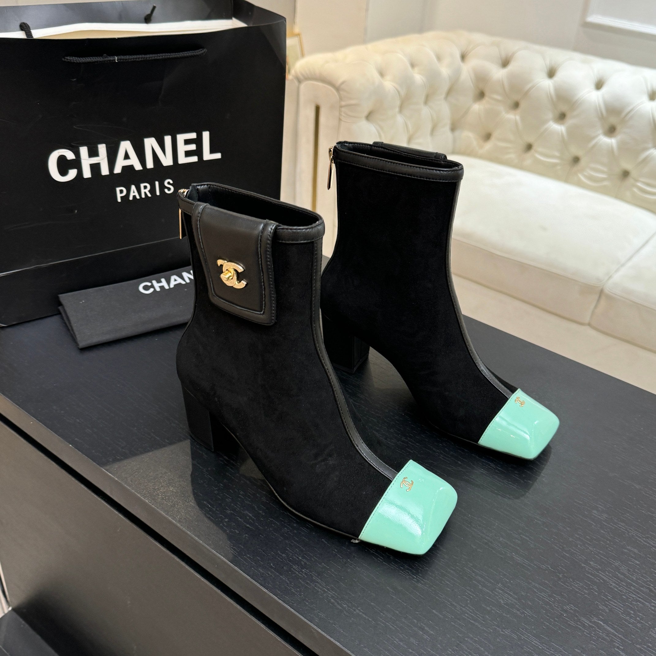 CC 26s Ankle Boots With Pocket Black Mint Green Suede Lambskin 958074