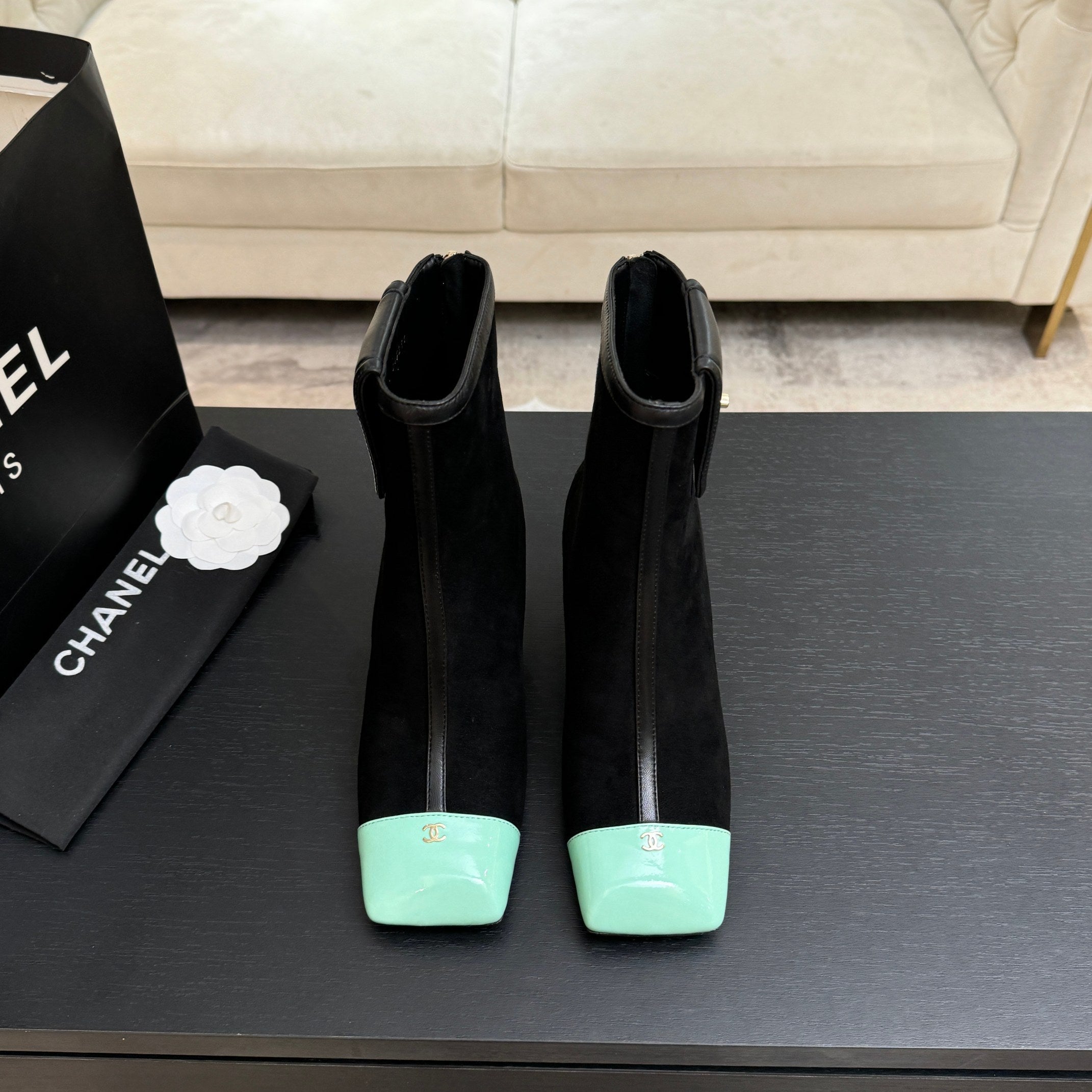 CC 26s Ankle Boots With Pocket Black Mint Green Suede Lambskin 958074