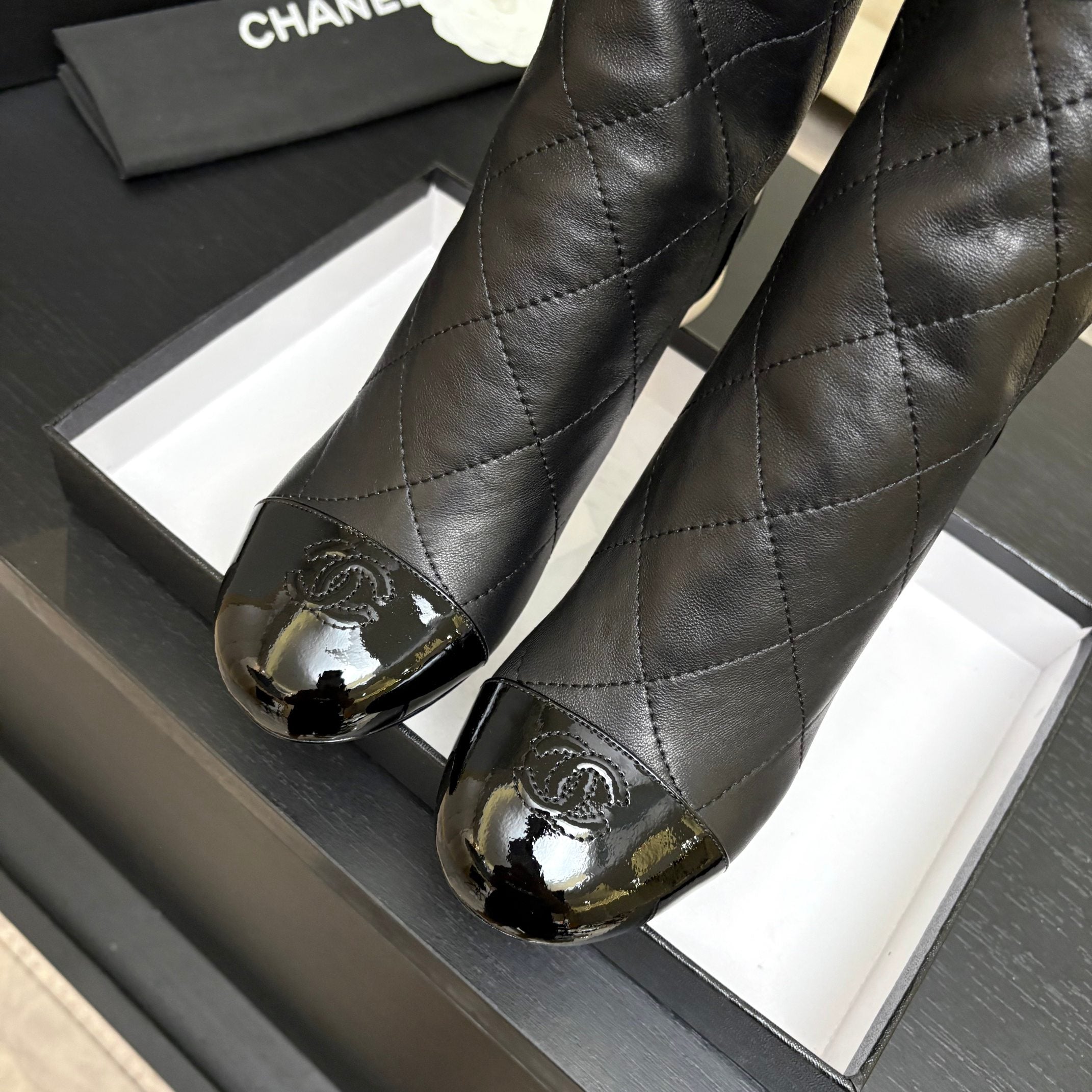 CC 26s Mid-Calf Pearl Boots Black Quited Calfskin 957731