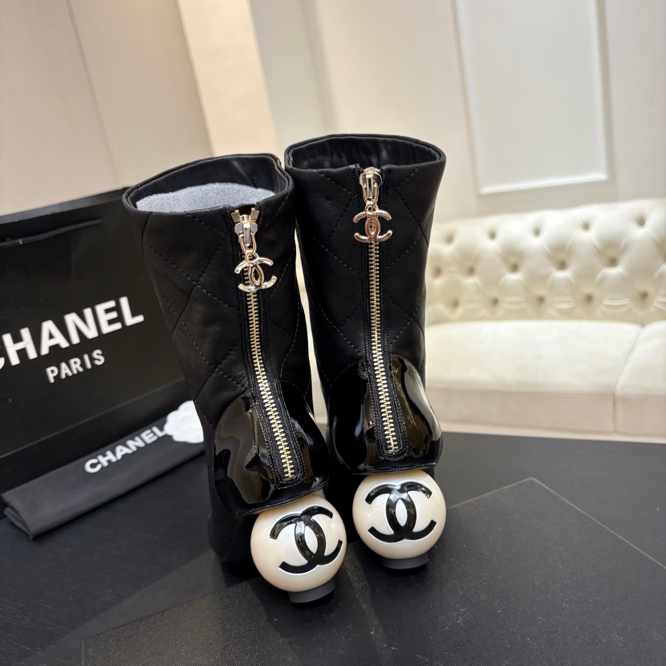 CC 26s Mid-Calf Pearl Boots Black Quited Calfskin 957731