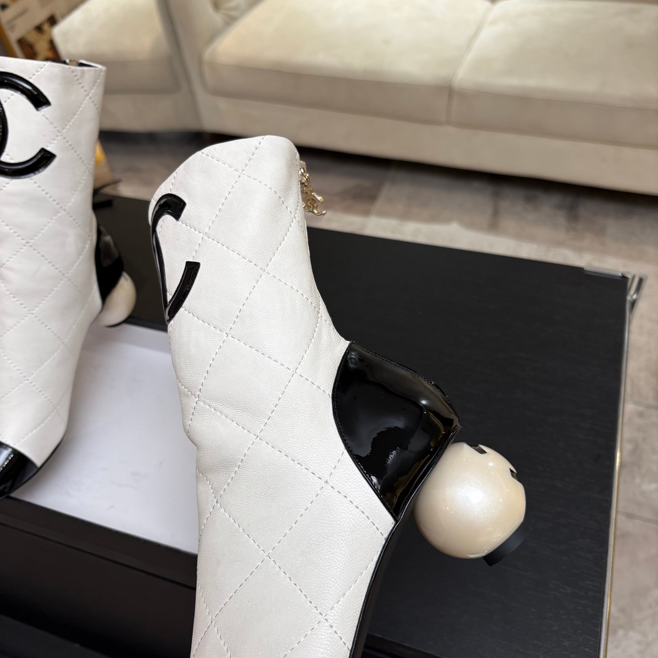 CC 26s Mid-Calf Pearl Boots White Quited Calfskin 957732