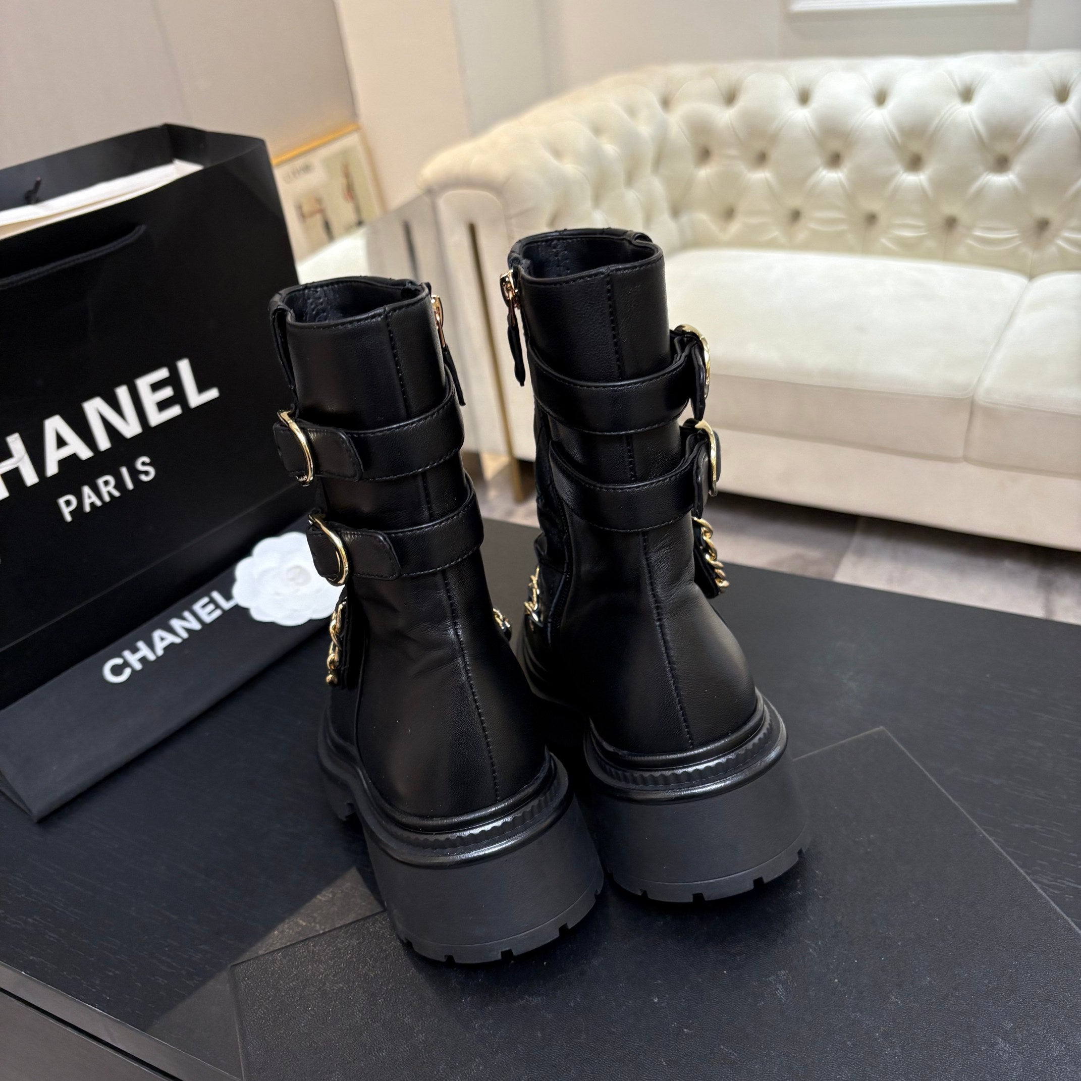 CC 26s Combat Boots Black Quilted Patent Calfskin 957754