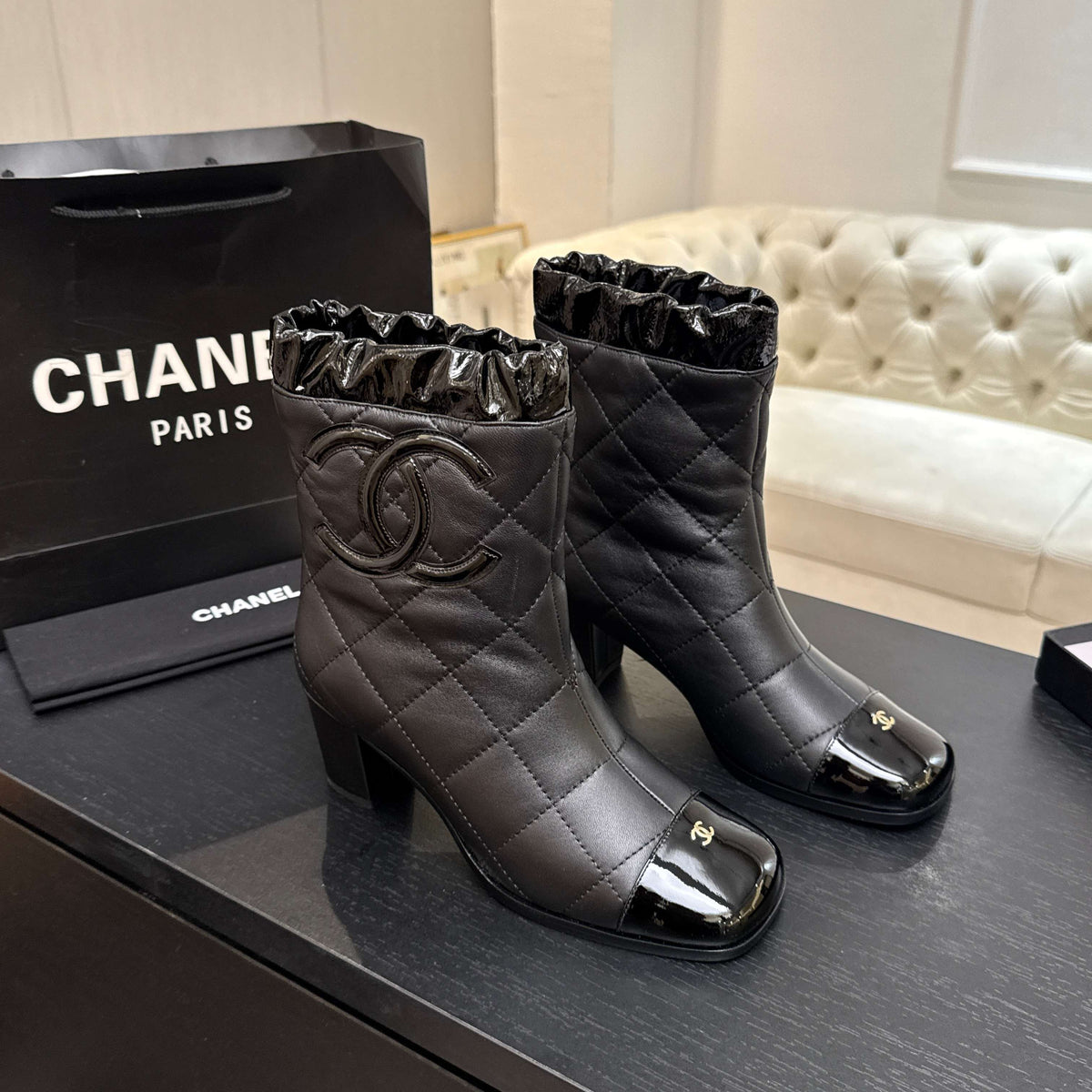 Chanel 26s Quilted Ankle Boots 6cm Black Leather 167940