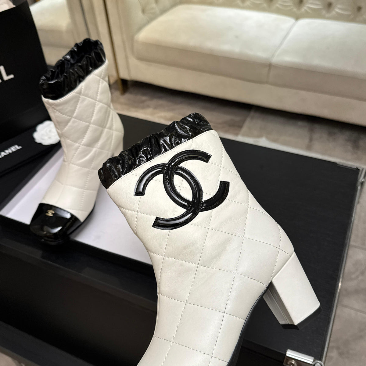 Chanel 26s Quilted Ankle Boots 6cm White Black Leather 167941